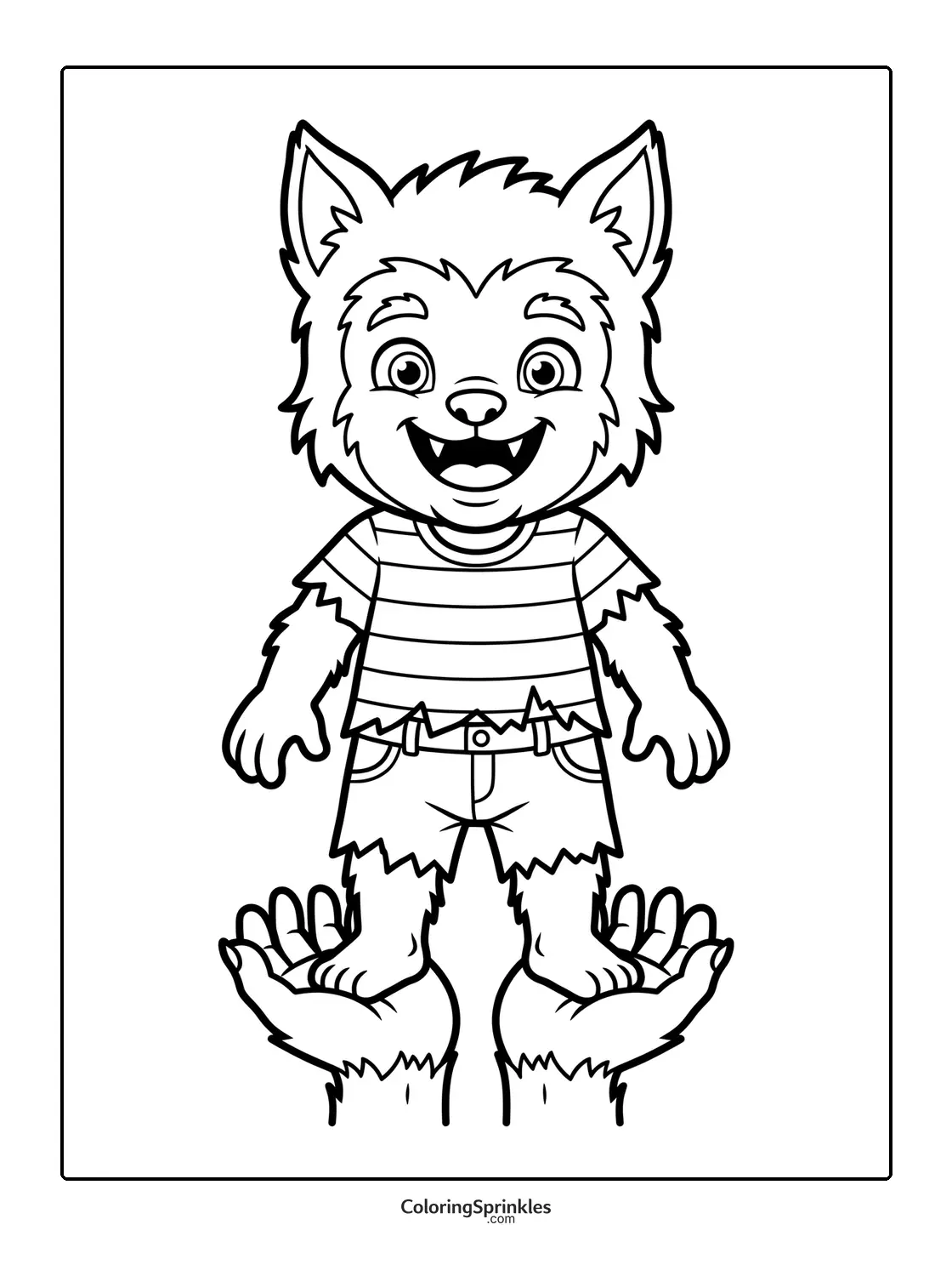 Coloring page of a cute werewolf child standing on hands