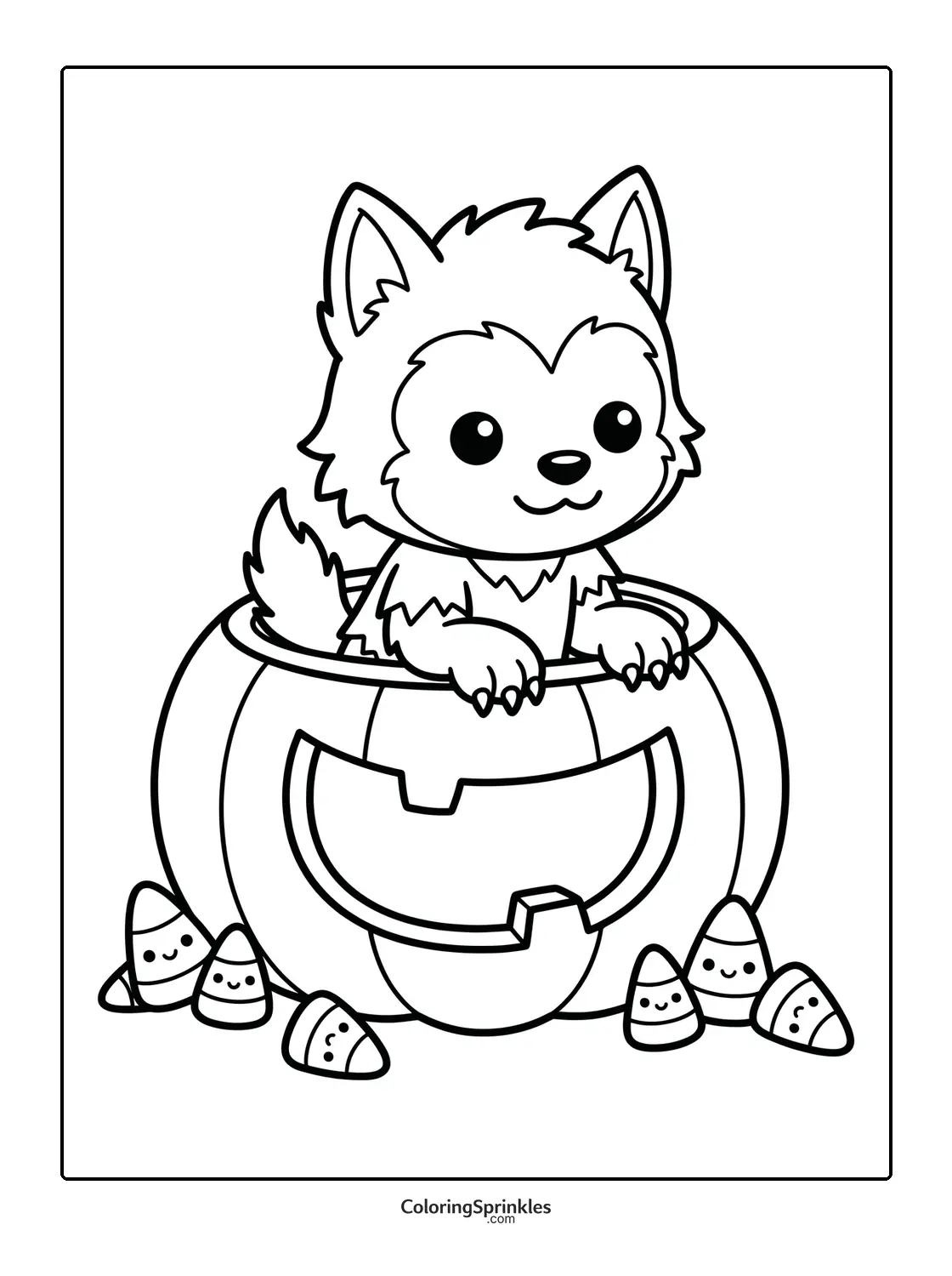 Coloring page of a cute werewolf inside a Halloween pumpkin with candy corn