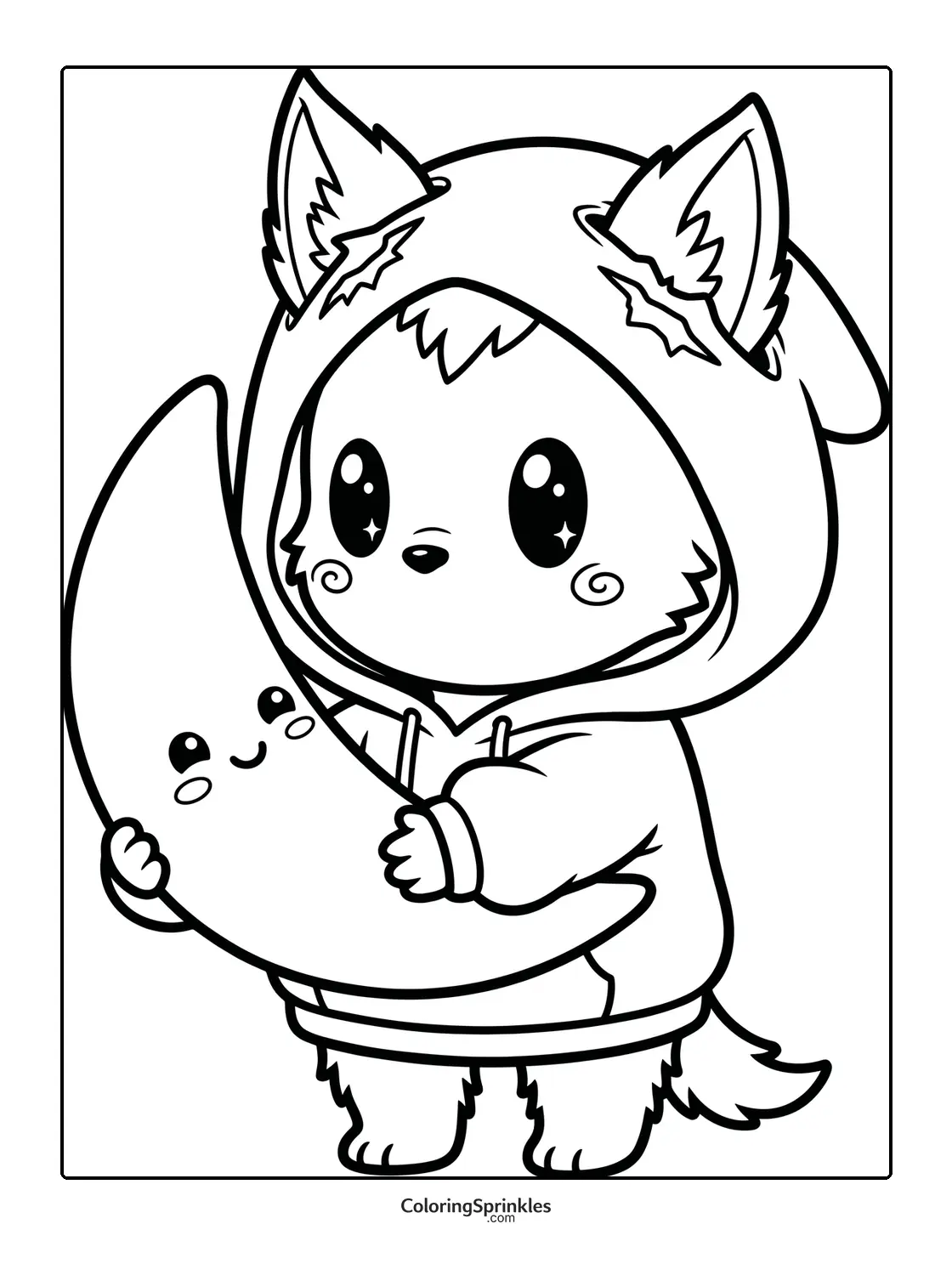 Coloring page of a cute werewolf holding a smiling crescent moon