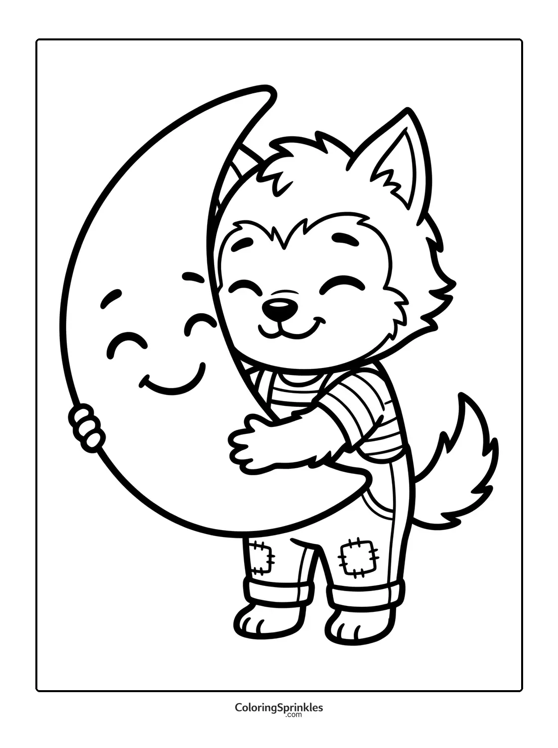 Coloring page of a cute werewolf hugging a smiling crescent moon