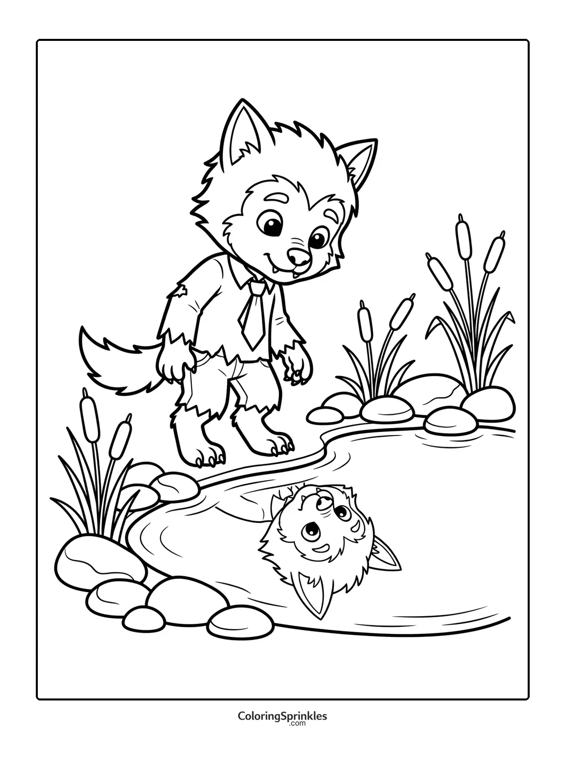 Coloring page of a cute werewolf looking at its reflection in a pond with cattails