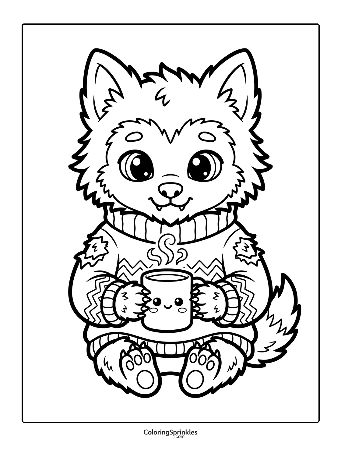 Coloring page of a cute werewolf sitting and holding a hot drink