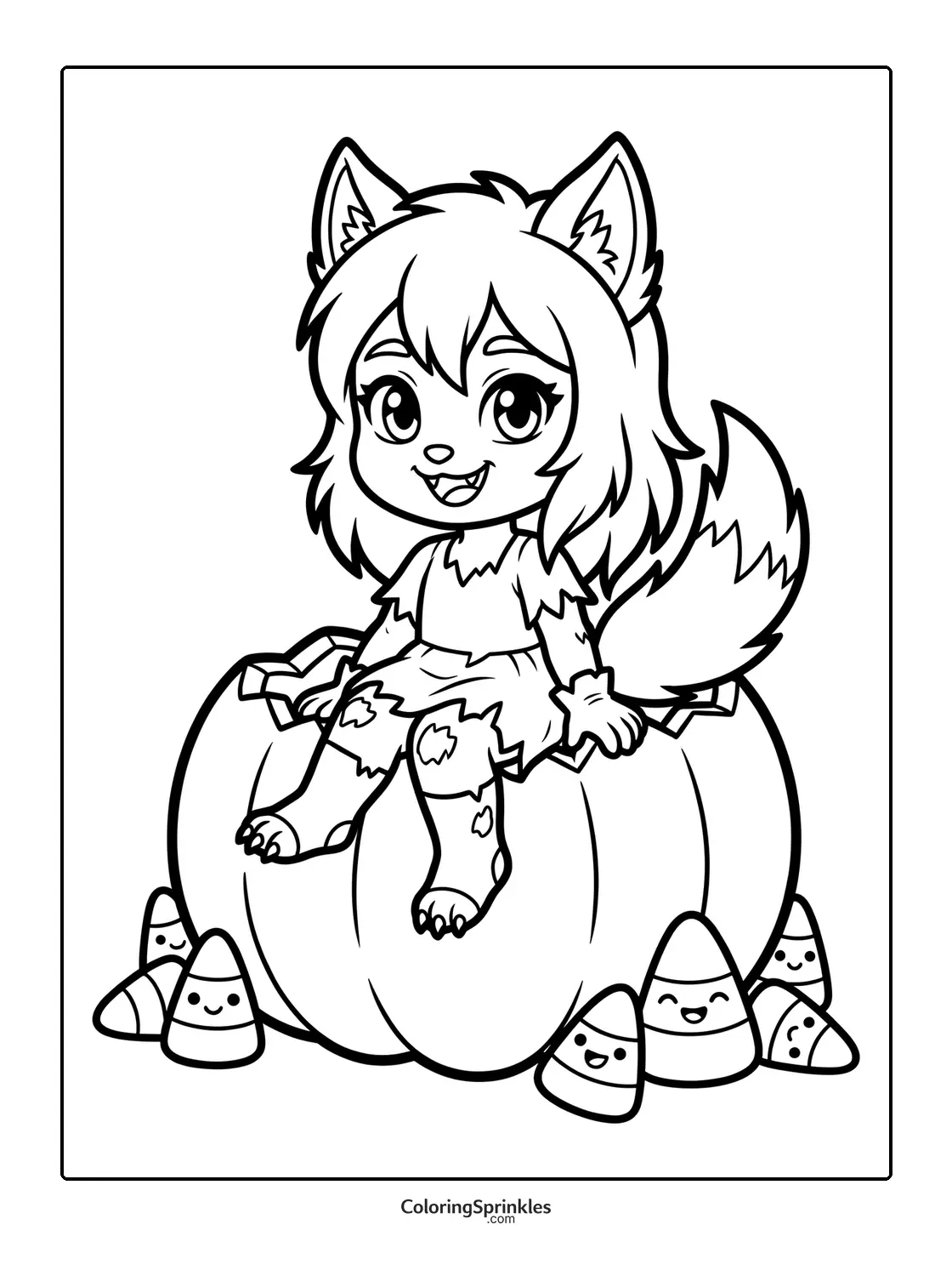 Coloring page of a cute werewolf sitting on a pumpkin with candy corn