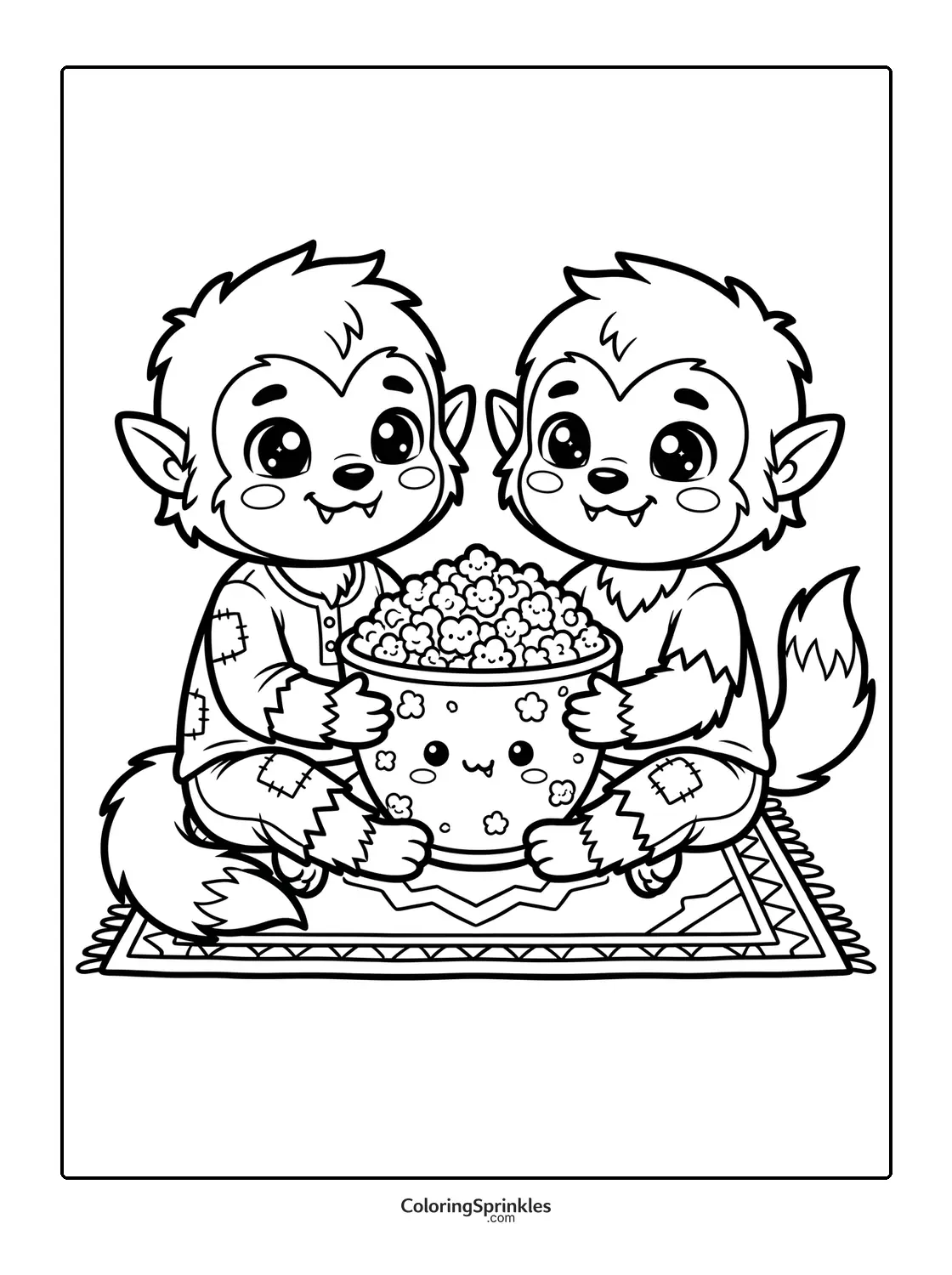 Coloring page of two cute werewolves sharing a bowl of popcorn on a rug