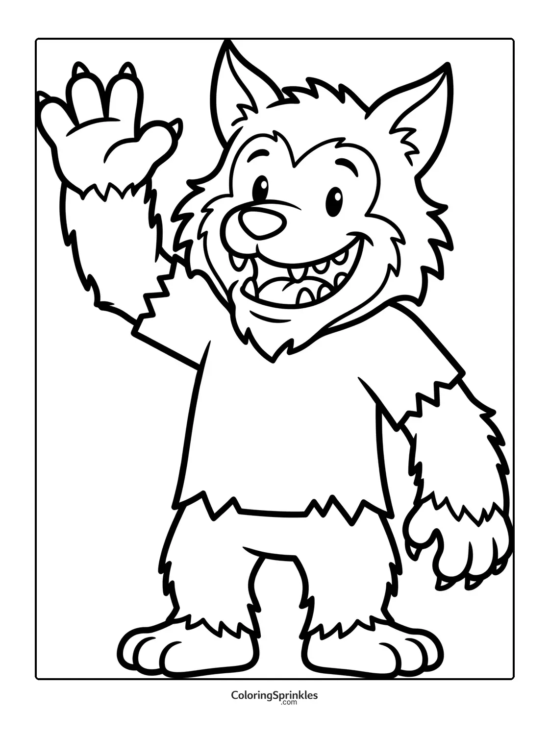 Coloring page of a friendly werewolf waving and smiling