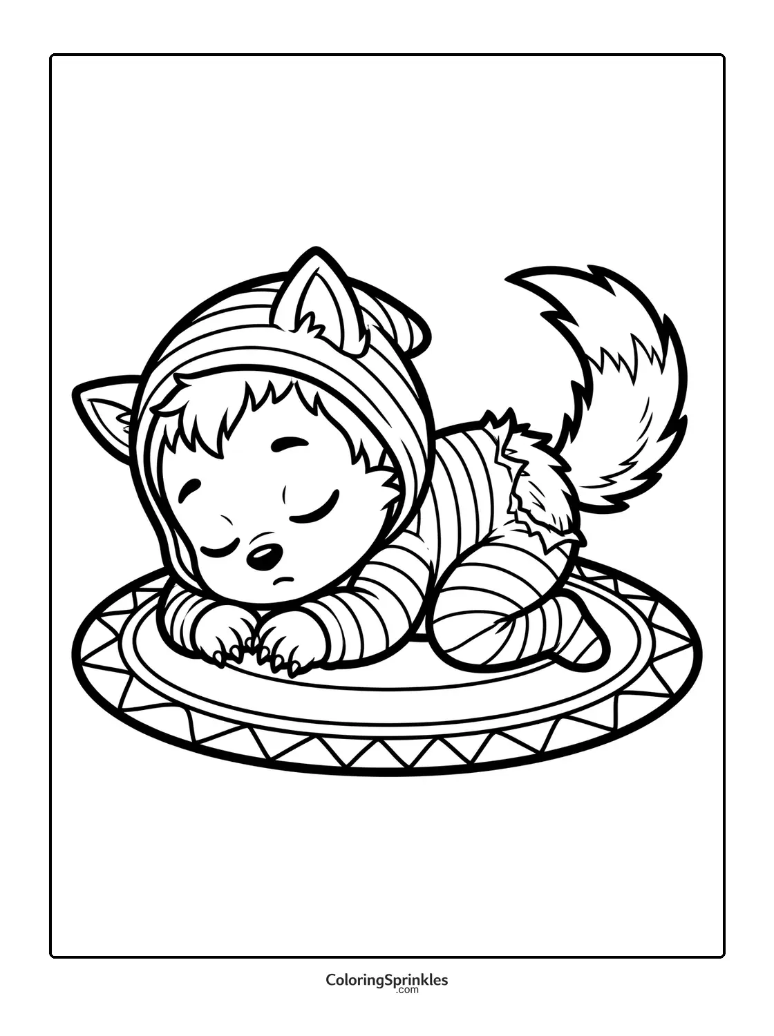 Coloring page of a sleeping baby werewolf on a patterned rug