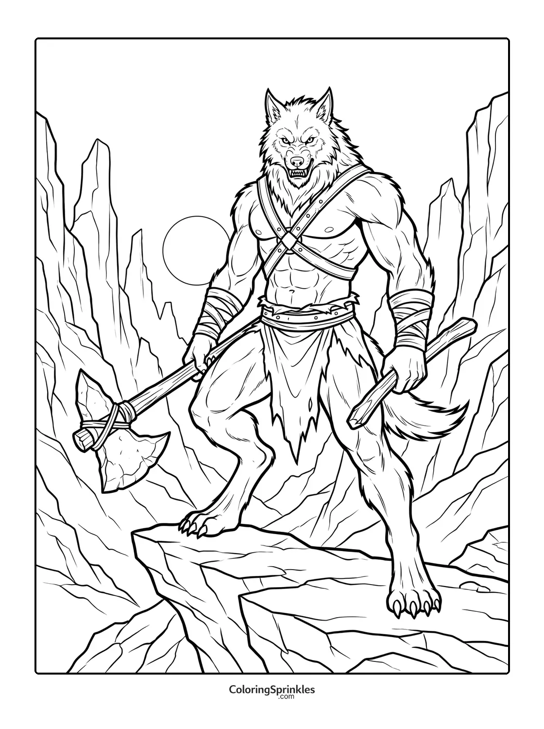 Coloring page of a werewolf barbarian holding an axe on a mountain cliff