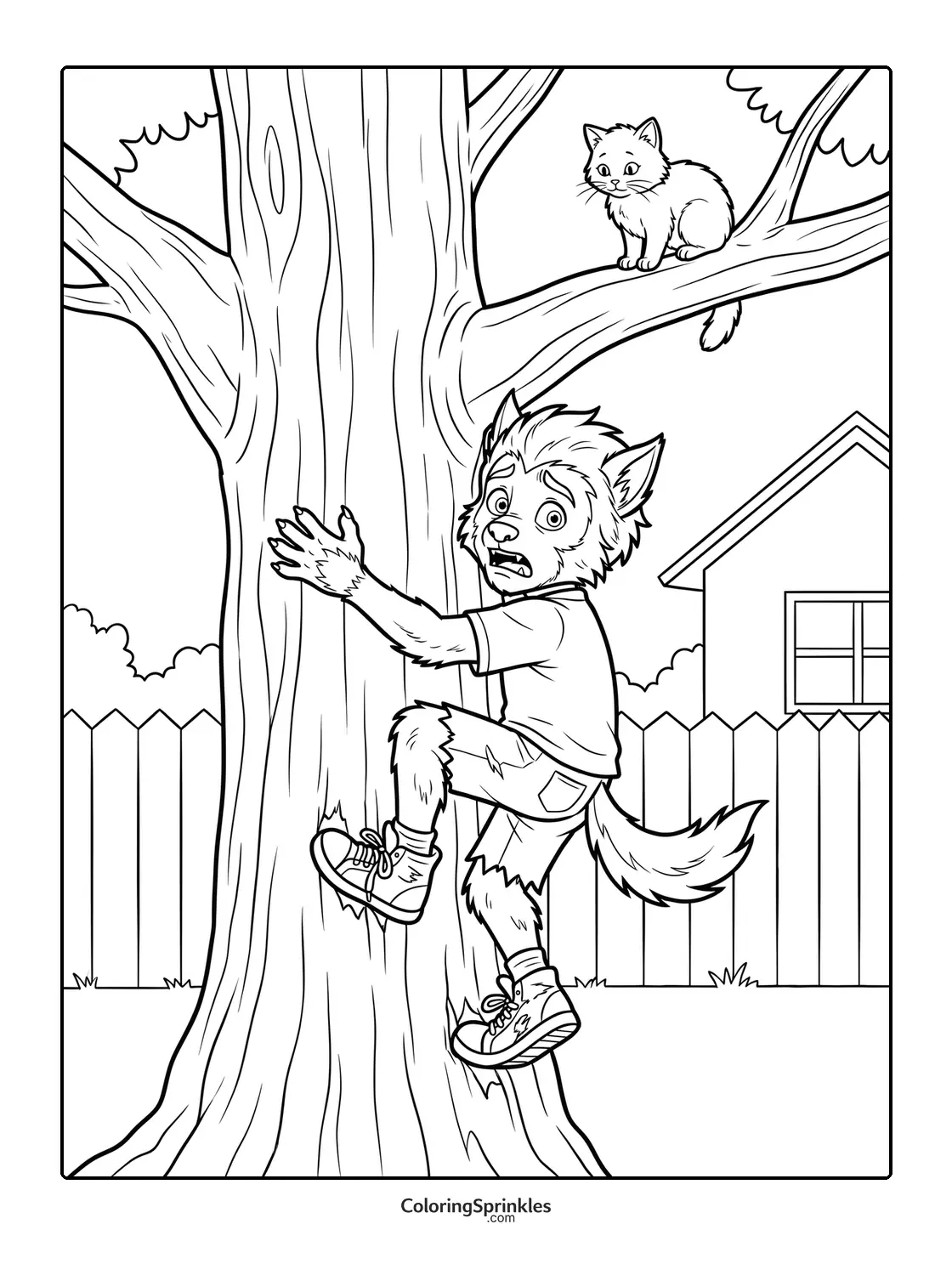 Coloring page of a werewolf boy climbing a tree with a cat watching in a backyard