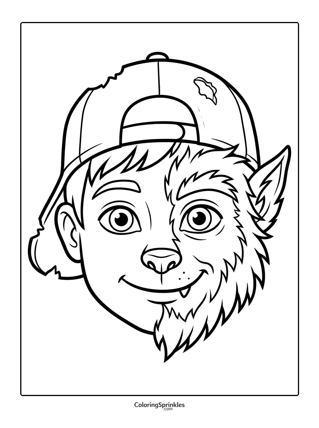 Coloring page of a boy with half werewolf face wearing a cap