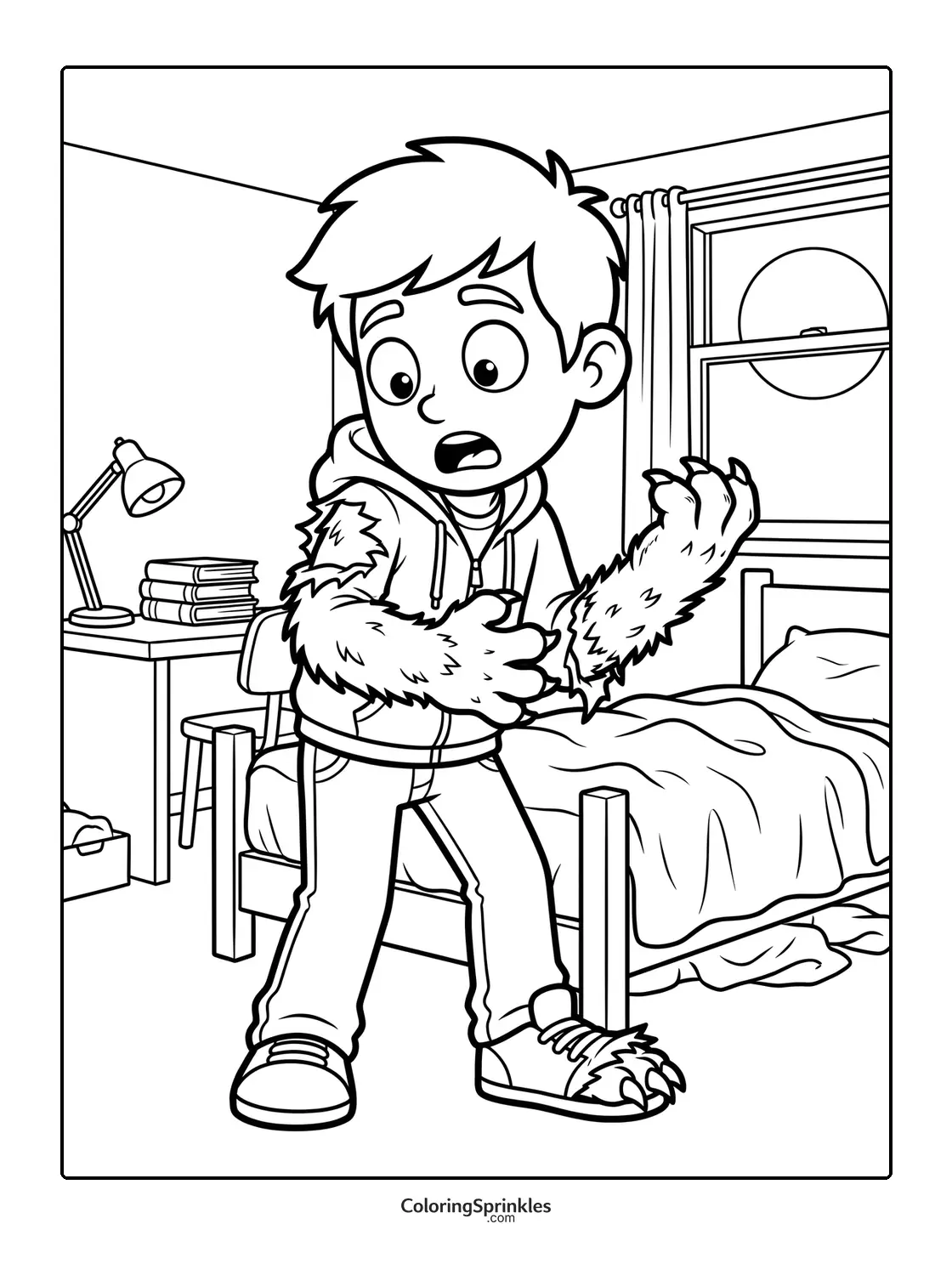 Coloring page of a boy transforming into a werewolf in his bedroom with a full moon outside