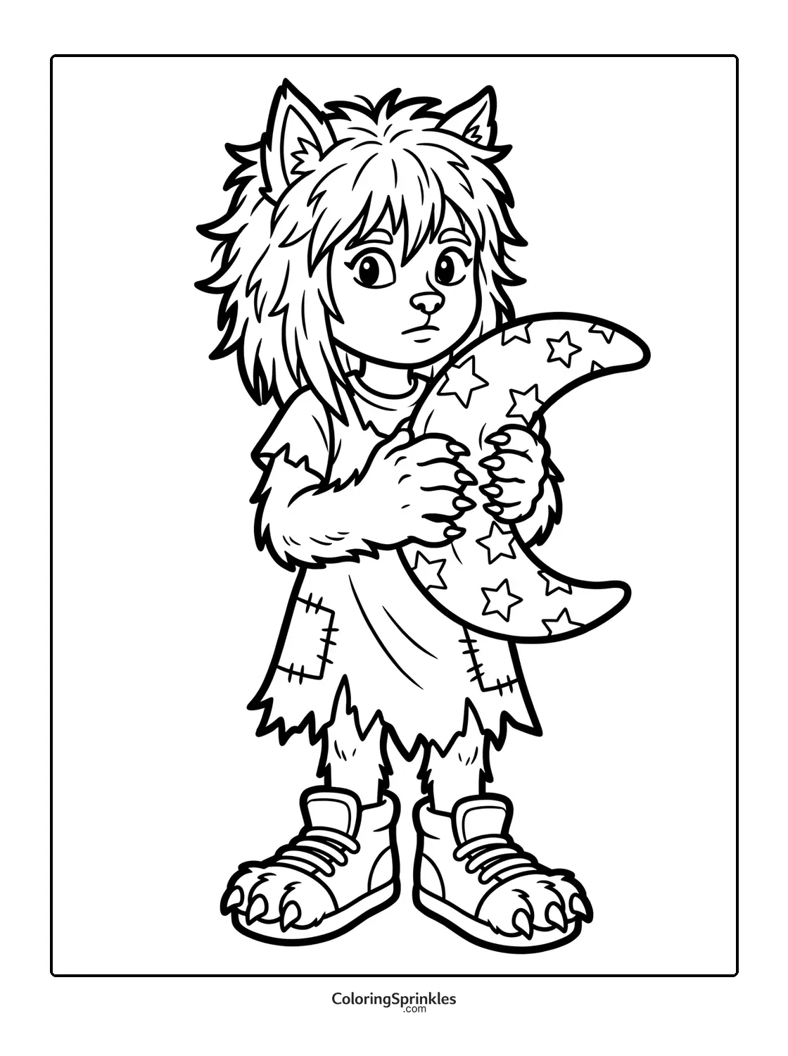 Coloring page of a child werewolf holding a crescent moon with stars