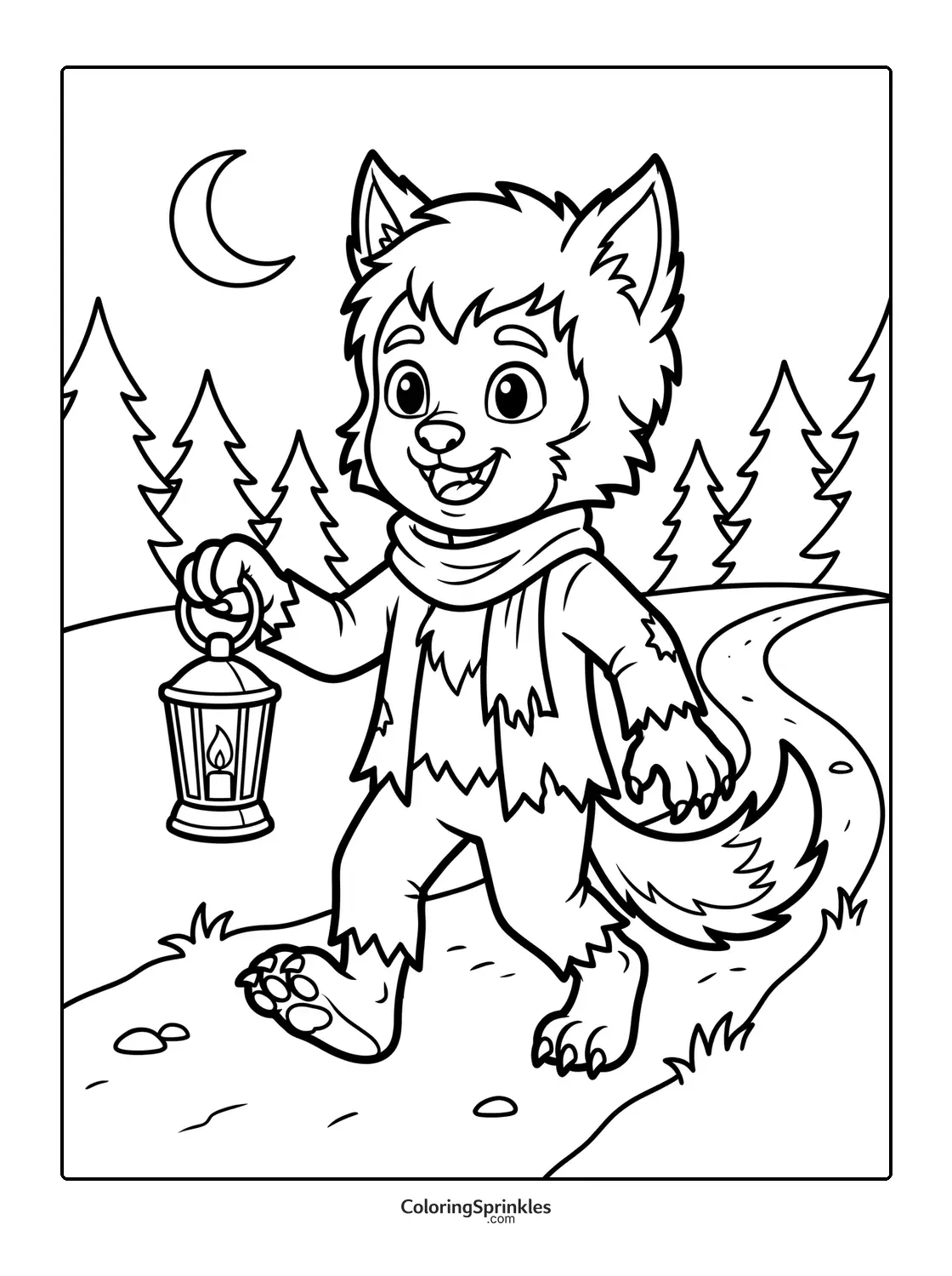 Coloring page of a child werewolf holding a lantern walking in a forest at night