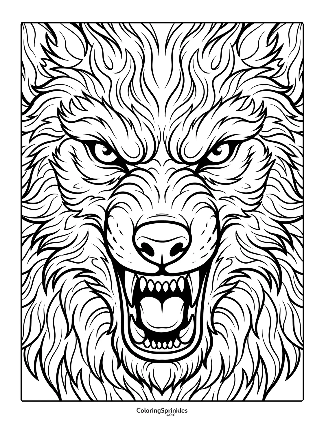 Coloring page of a fierce werewolf face roaring