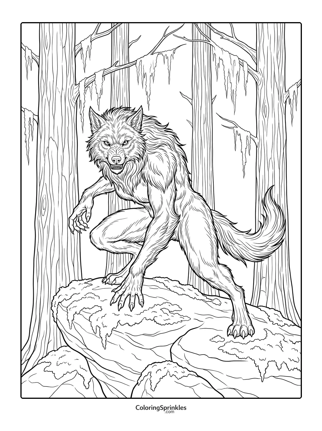 Coloring page of a werewolf crouching on moss-covered rocks in a forest