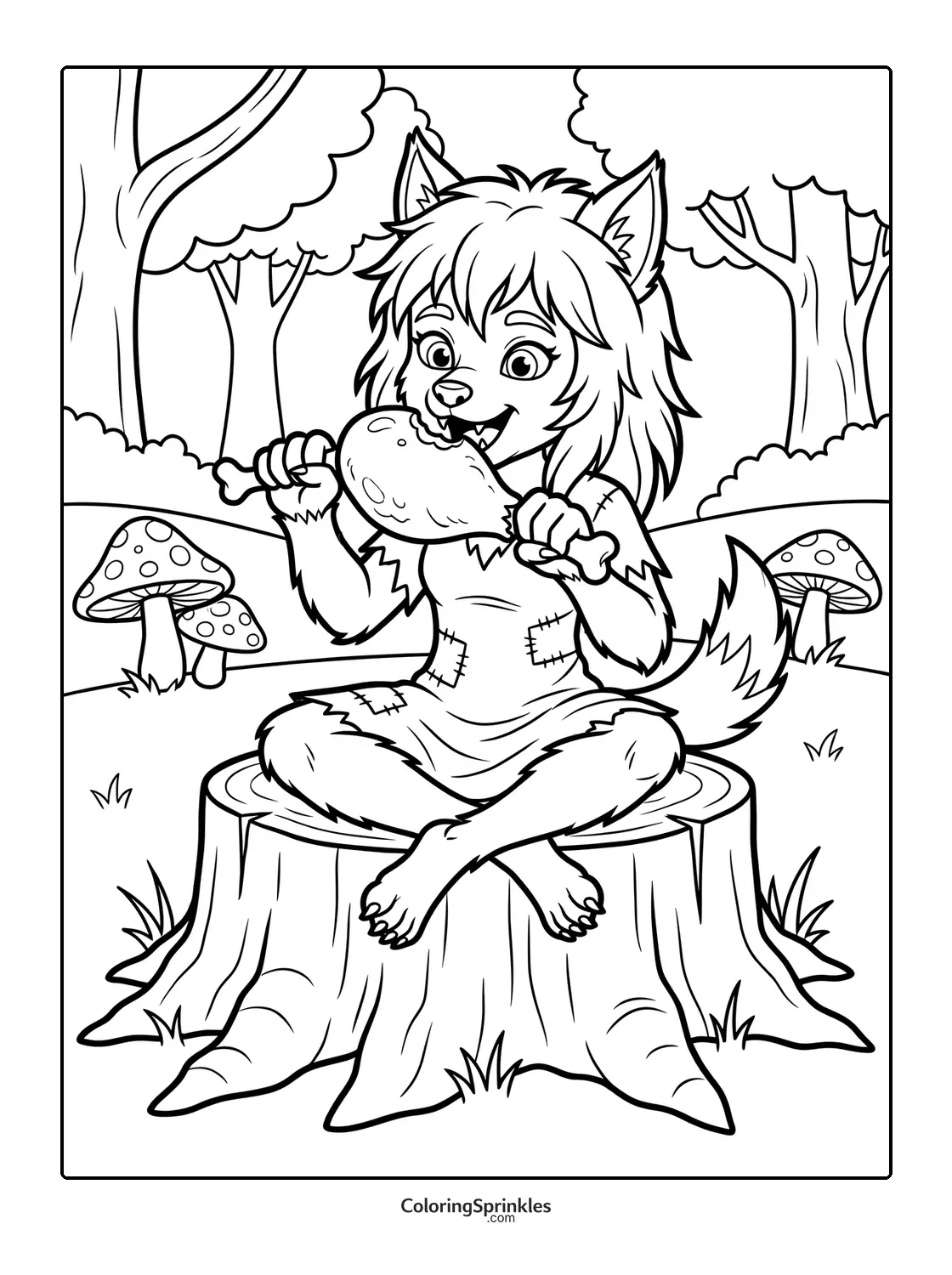 Coloring page of a werewolf girl eating a chicken leg in a forest
