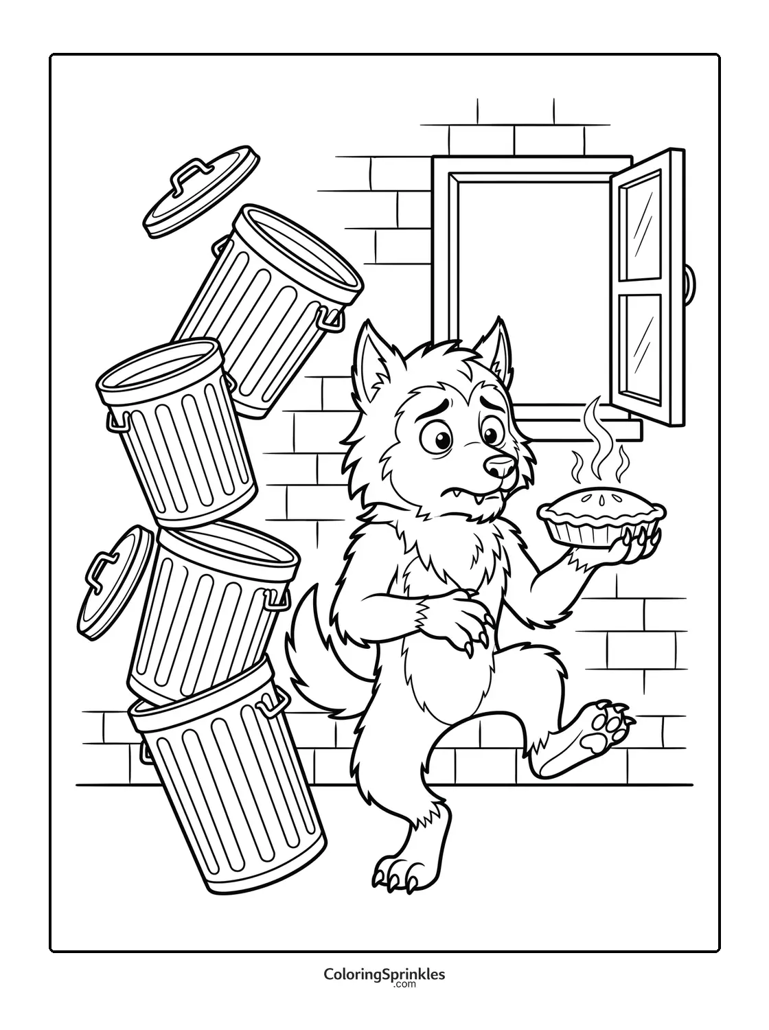 Coloring page of a werewolf holding a steaming pie near falling trash cans