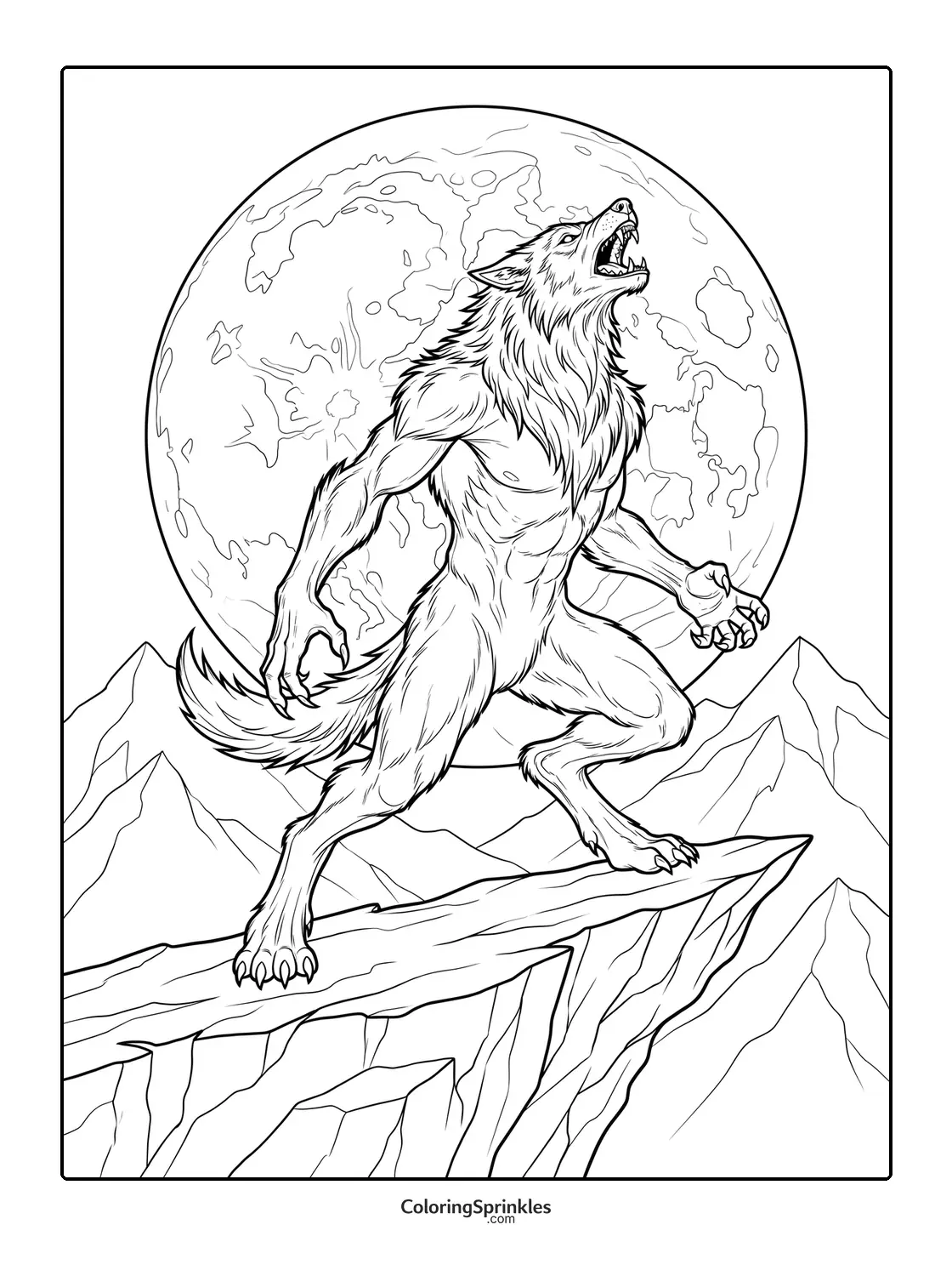 Coloring page of a werewolf howling at a full moon on a cliff with mountains
