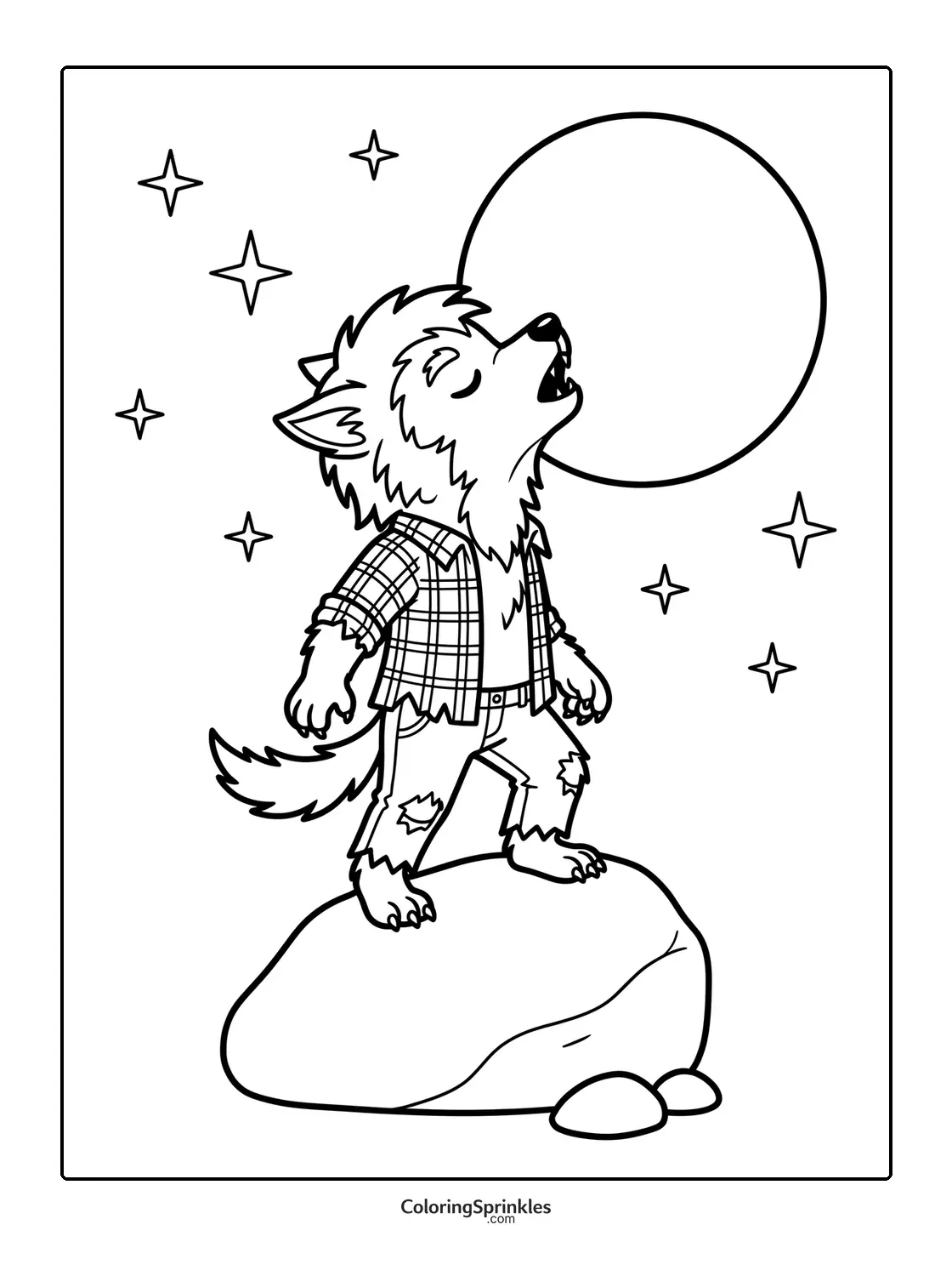 Coloring page of a werewolf howling at the moon on a rock with stars