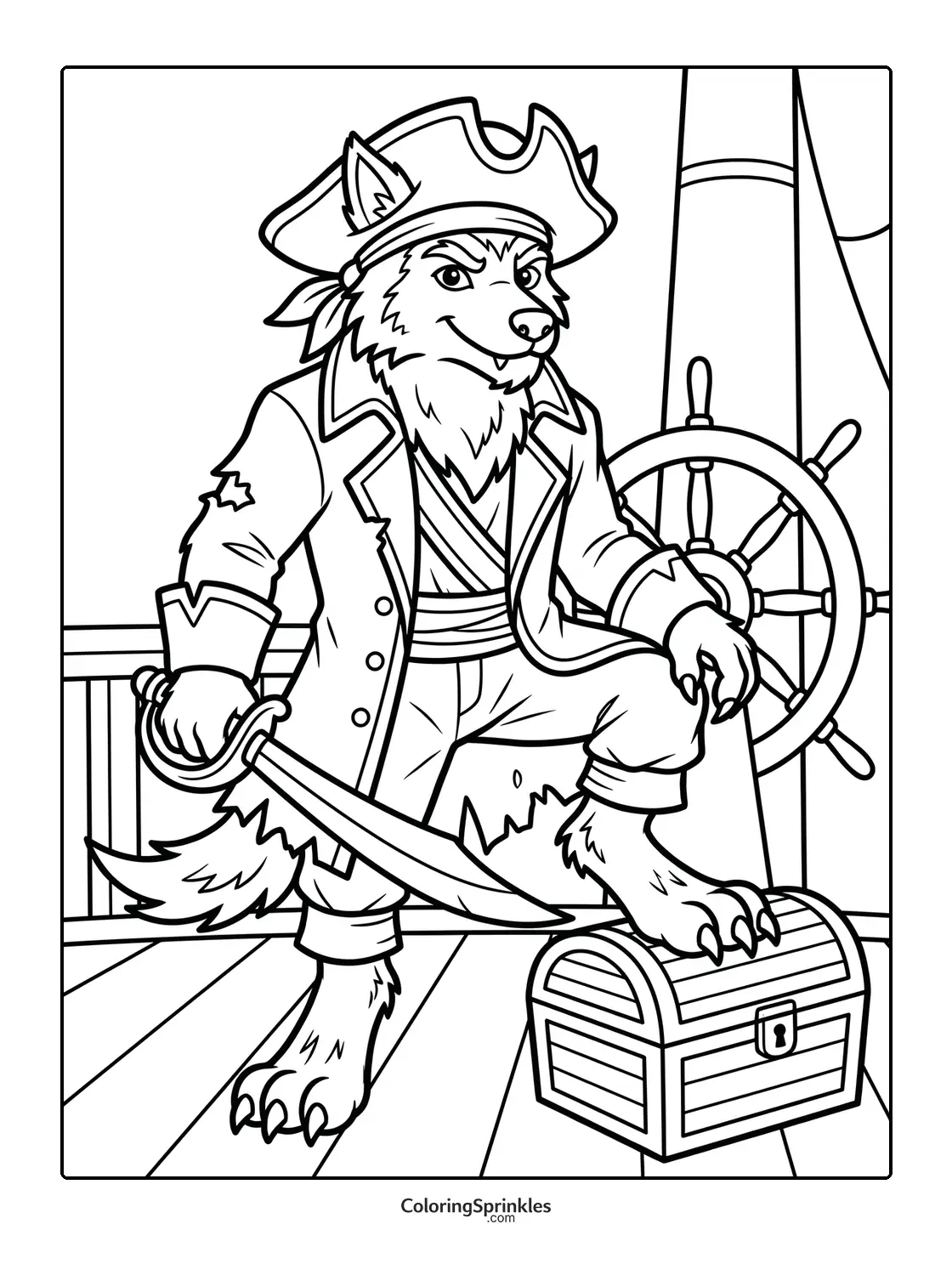 Coloring page of a werewolf pirate on a ship with a treasure chest and sword