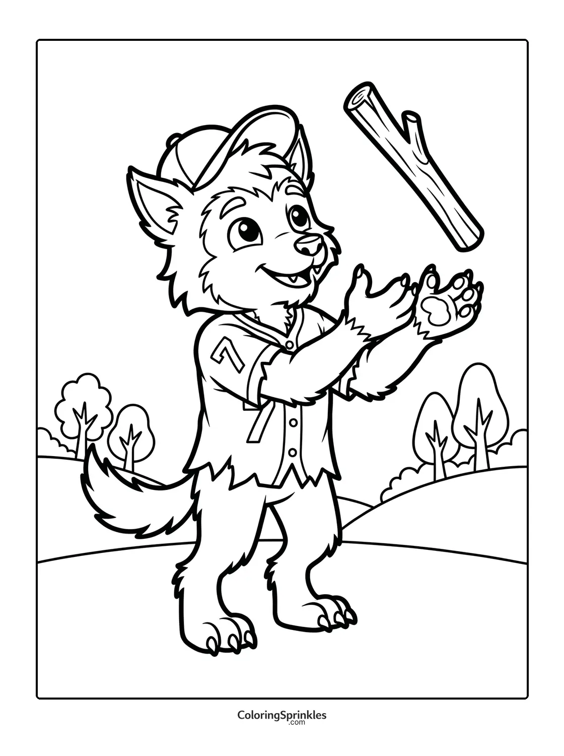Coloring page of a werewolf playing catch with a stick outdoors