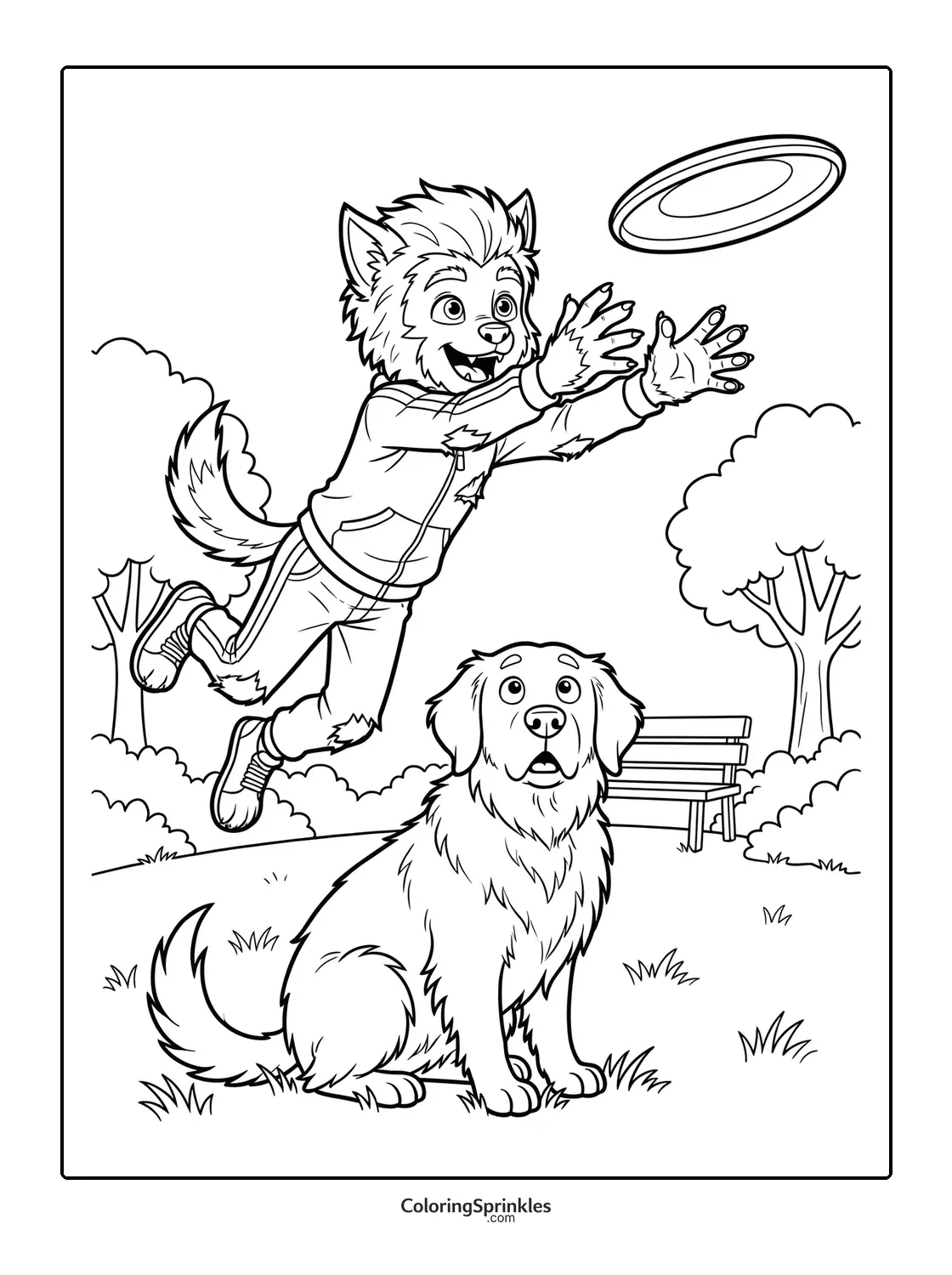 Coloring page of a werewolf playing frisbee with a dog in a park