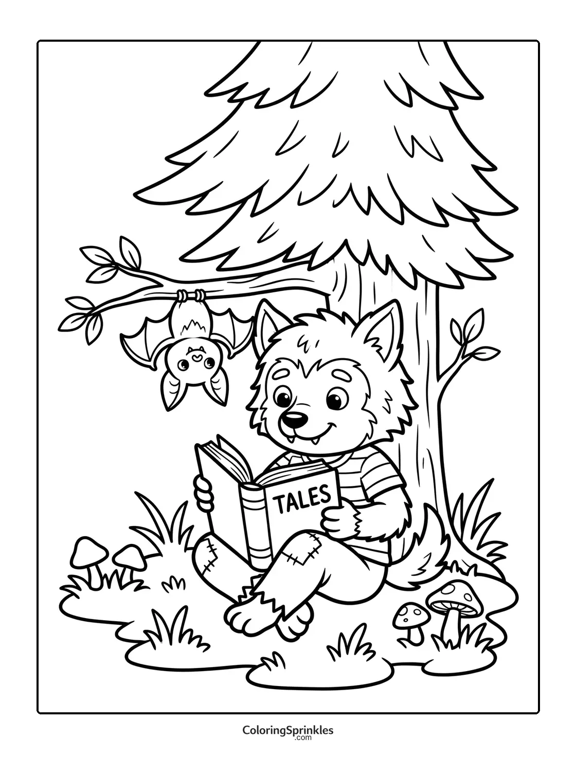 Coloring page of a werewolf reading a book under a tree with a bat hanging nearby