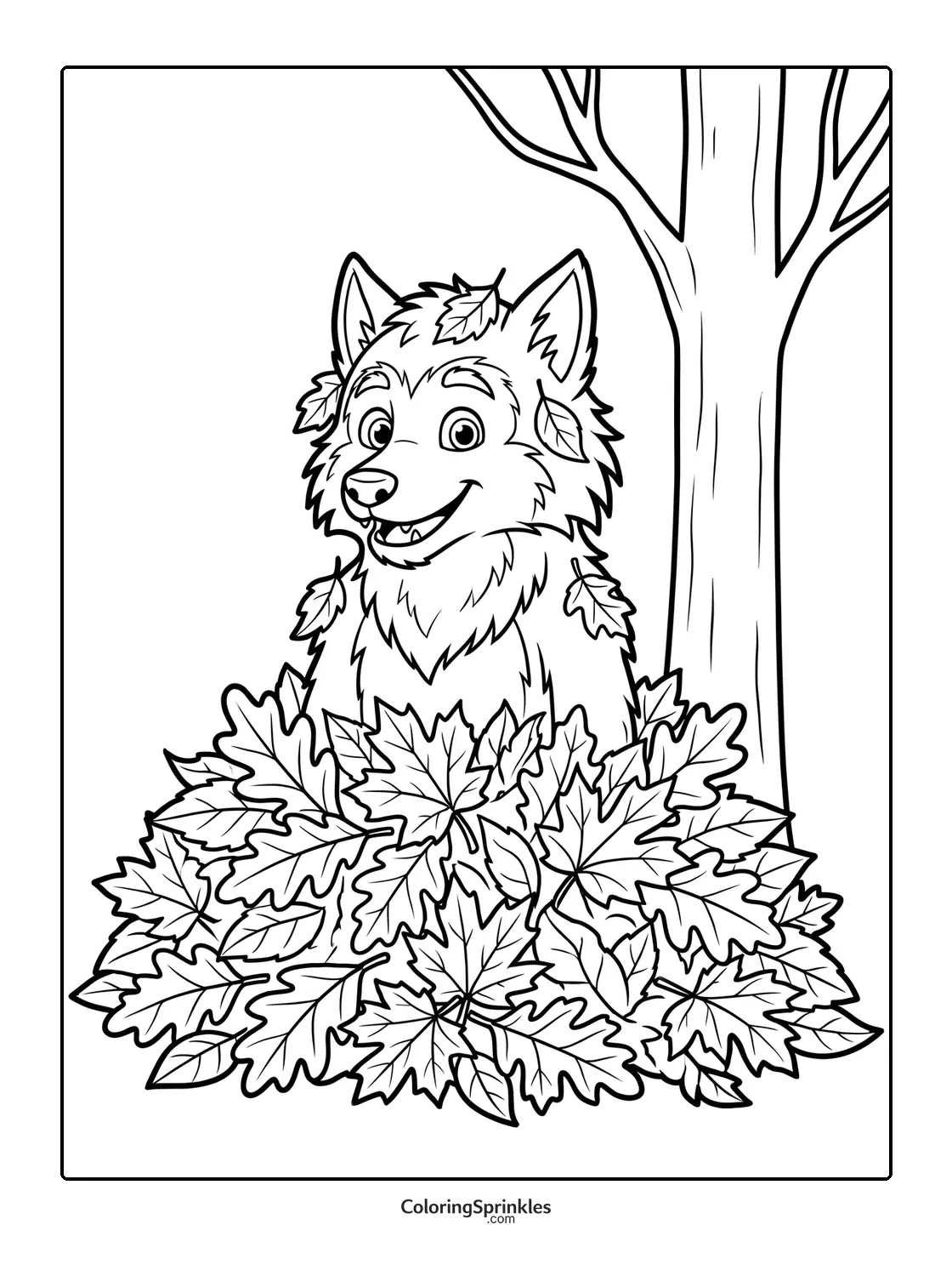 Coloring page of a smiling werewolf sitting in a pile of fall leaves by a tree