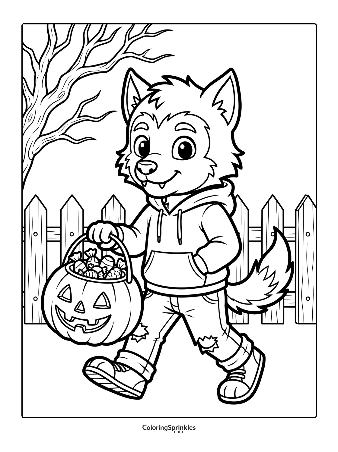 Coloring page of a werewolf trick-or-treating with a pumpkin basket