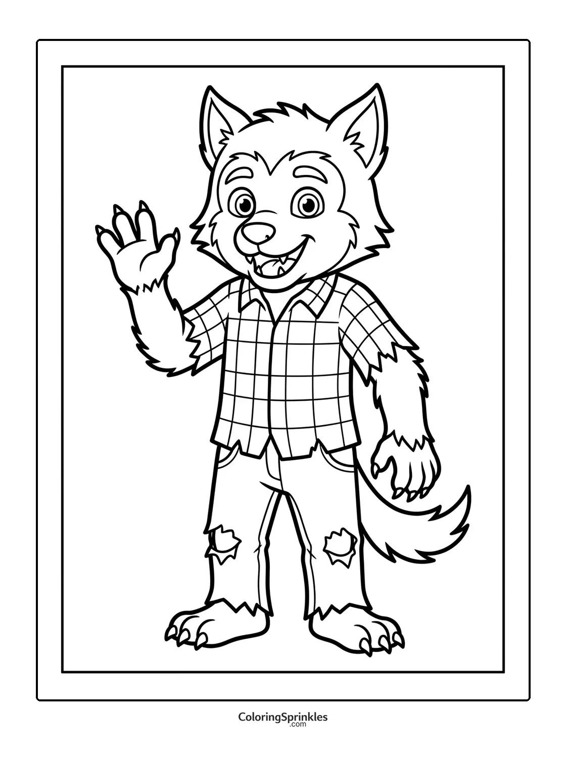 Coloring page of a friendly werewolf waving in torn clothes