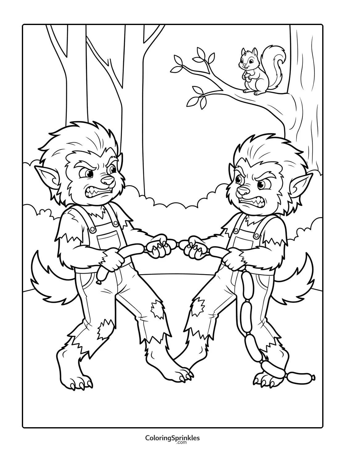 Coloring page of two werewolves tugging a string of sausages in a forest with a squirrel watching