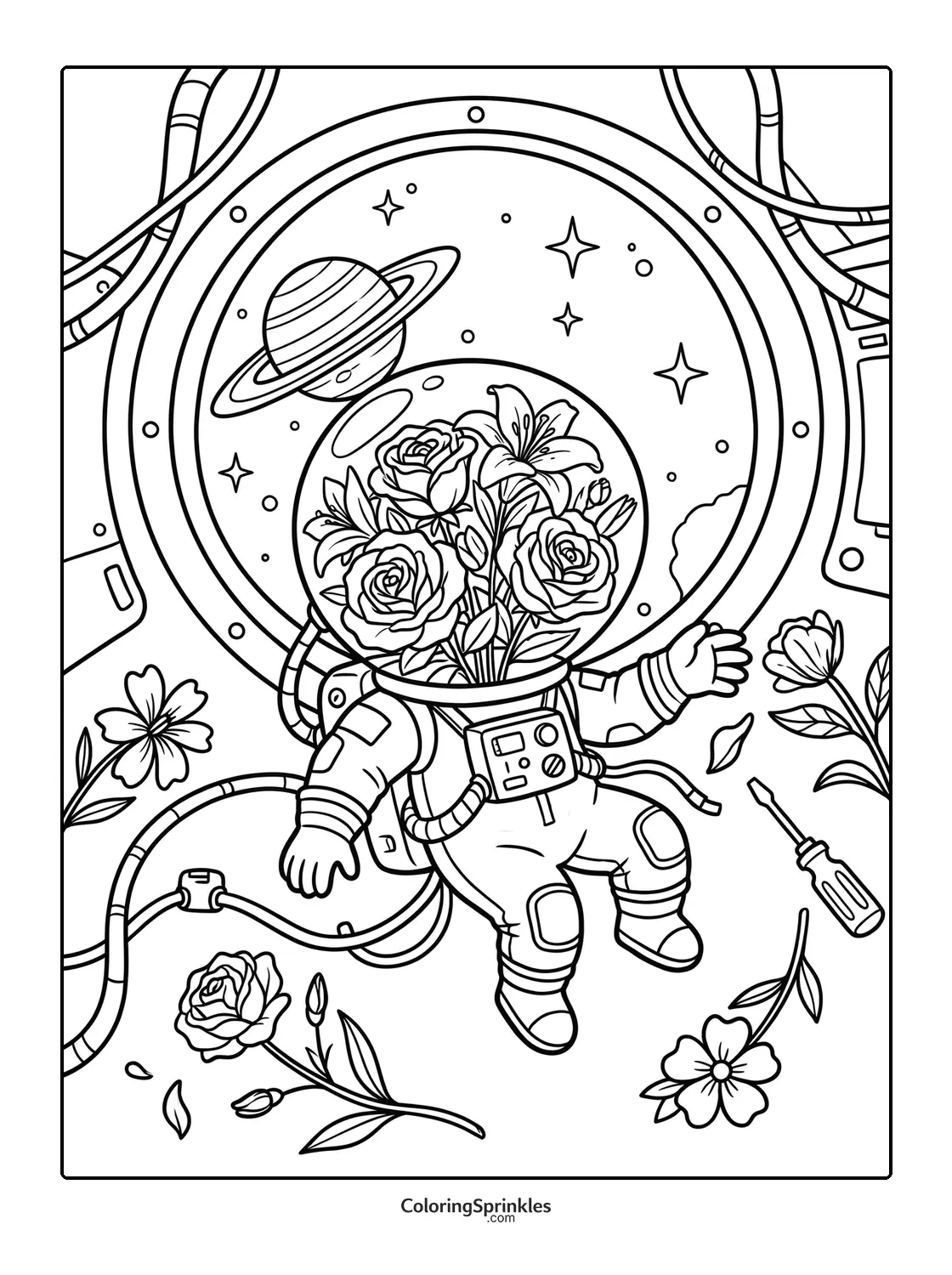 Coloring page of an astronaut with flowers inside a space helmet floating near a spaceship