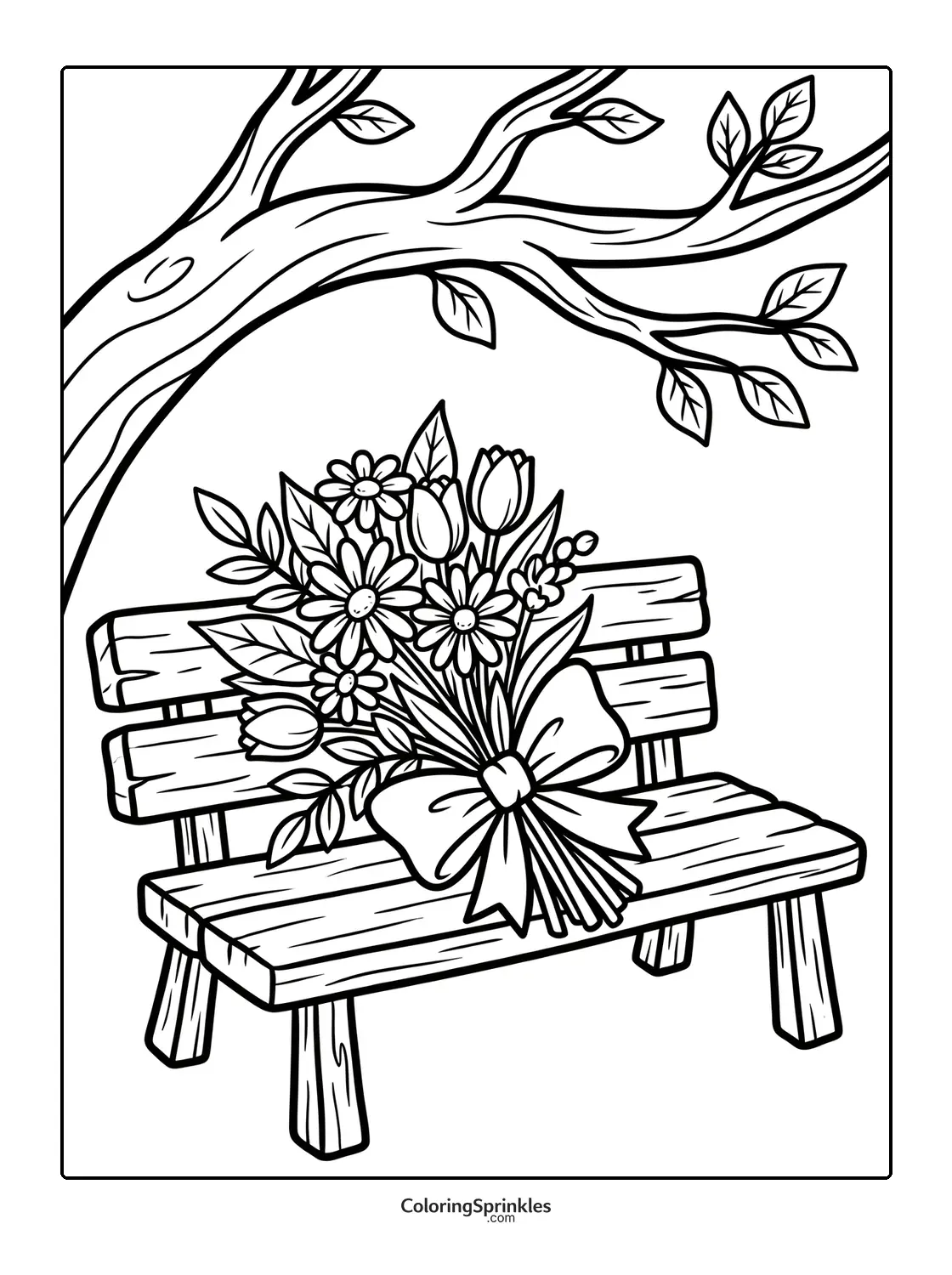 Coloring page of a wooden bench with a bouquet of flowers and a tree branch
