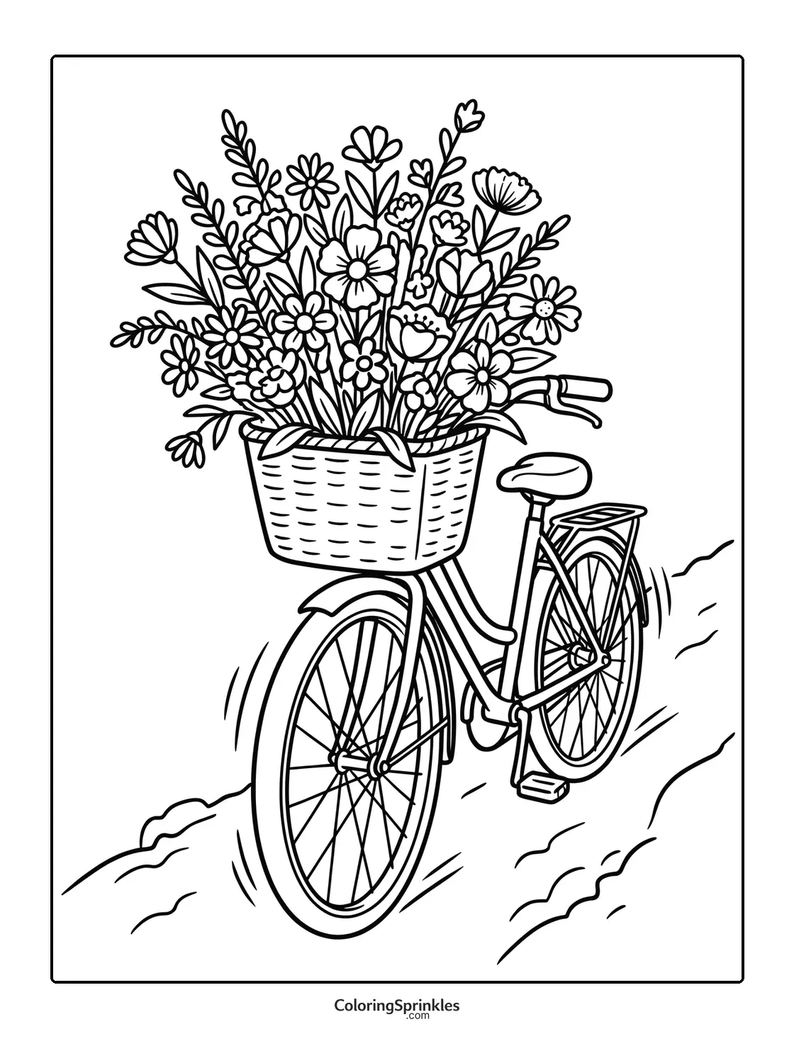 Coloring page of a bicycle with a basket full of flowers on a path
