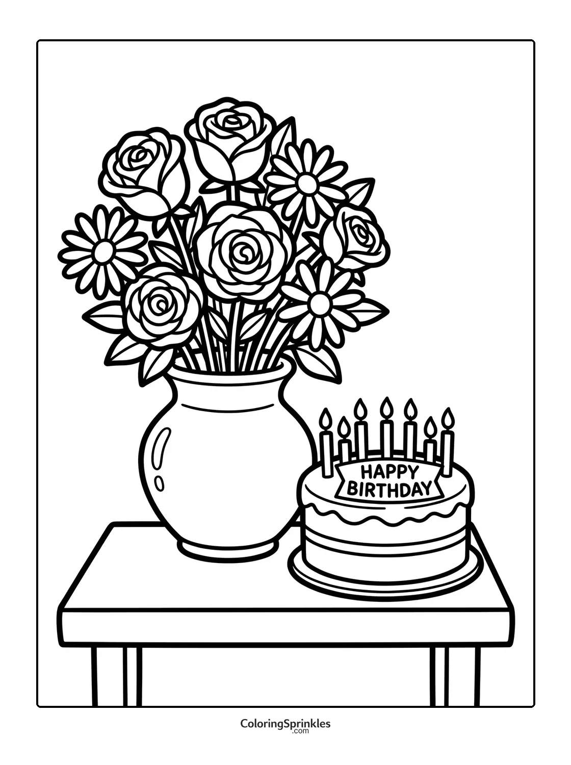 Coloring page of a birthday cake with candles and a vase of flowers on a table