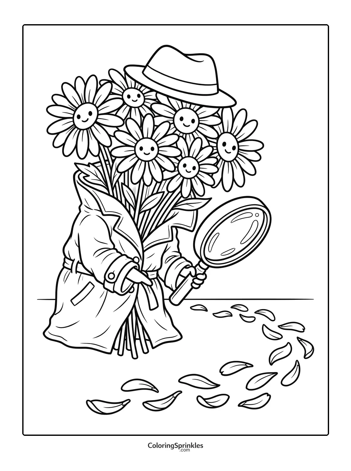 Coloring page of a bouquet detective holding a magnifying glass following petals
