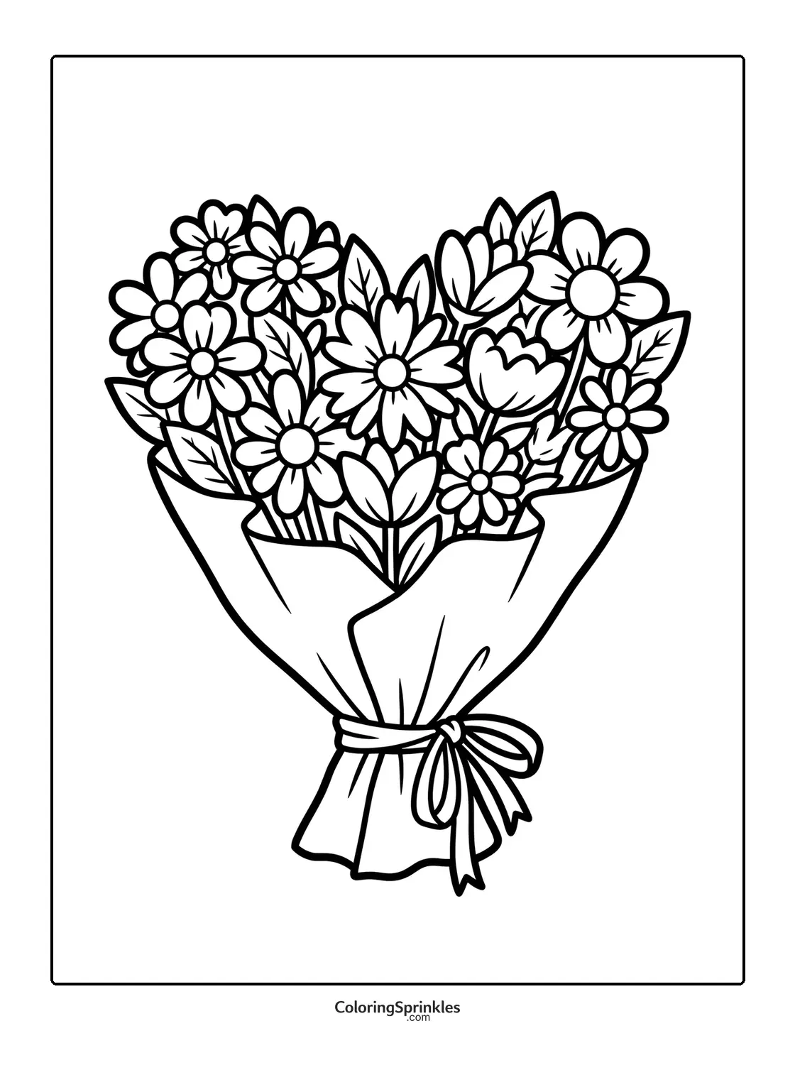 Coloring page of a bouquet of flowers wrapped with a ribbon