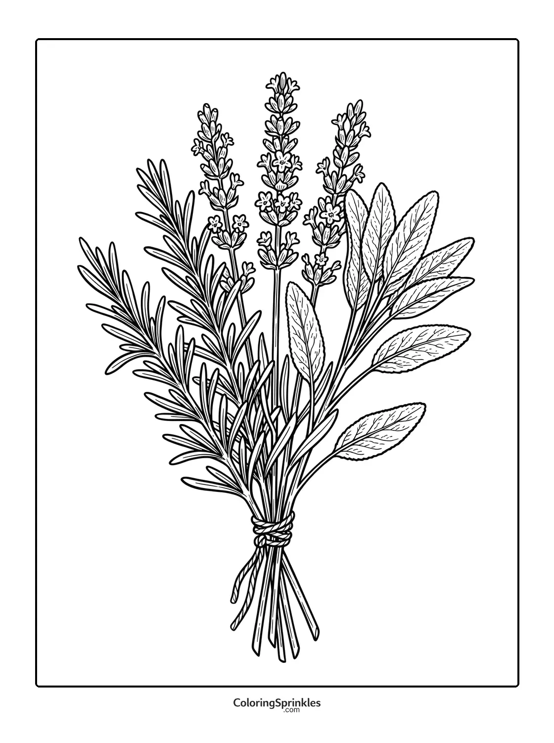 Coloring page of a bouquet with lavender rosemary and sage herbs