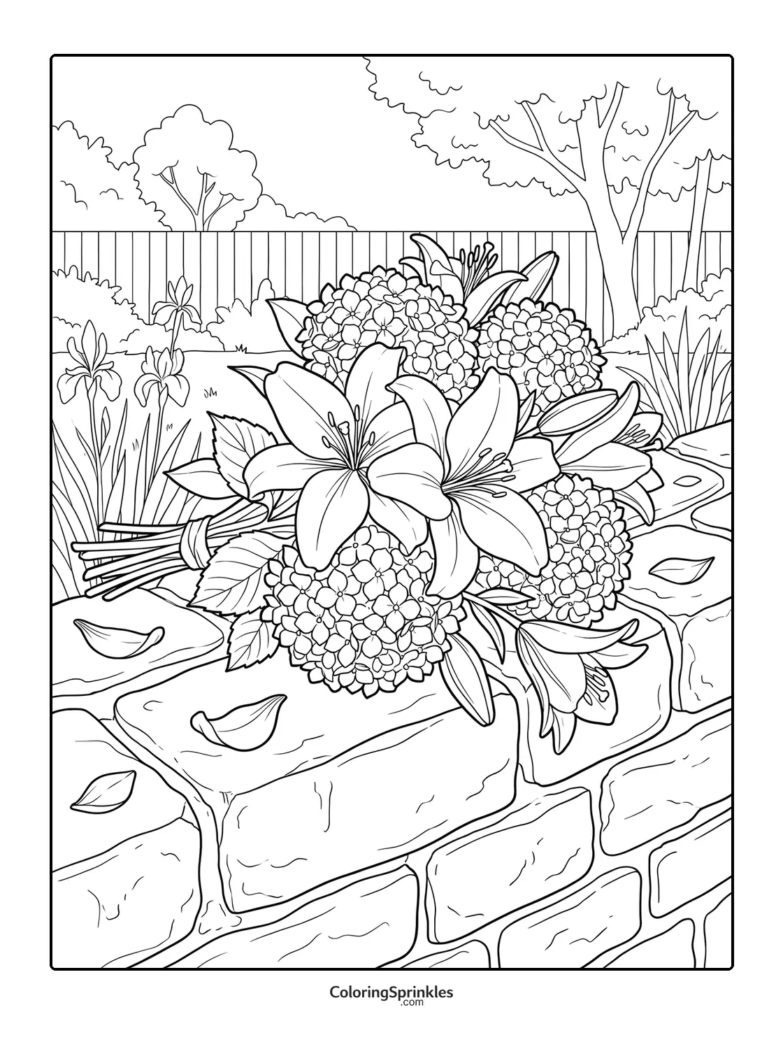 Coloring page of a bouquet of lilies and hydrangeas on a brick wall in a garden