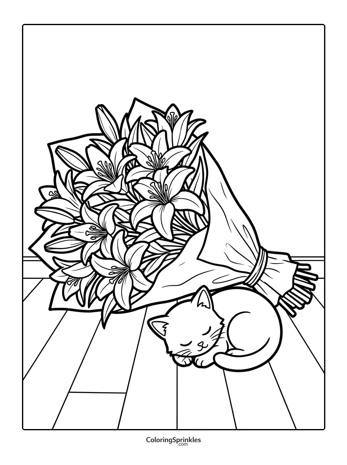 Coloring page of a bouquet of lilies with a sleeping cat on the floor