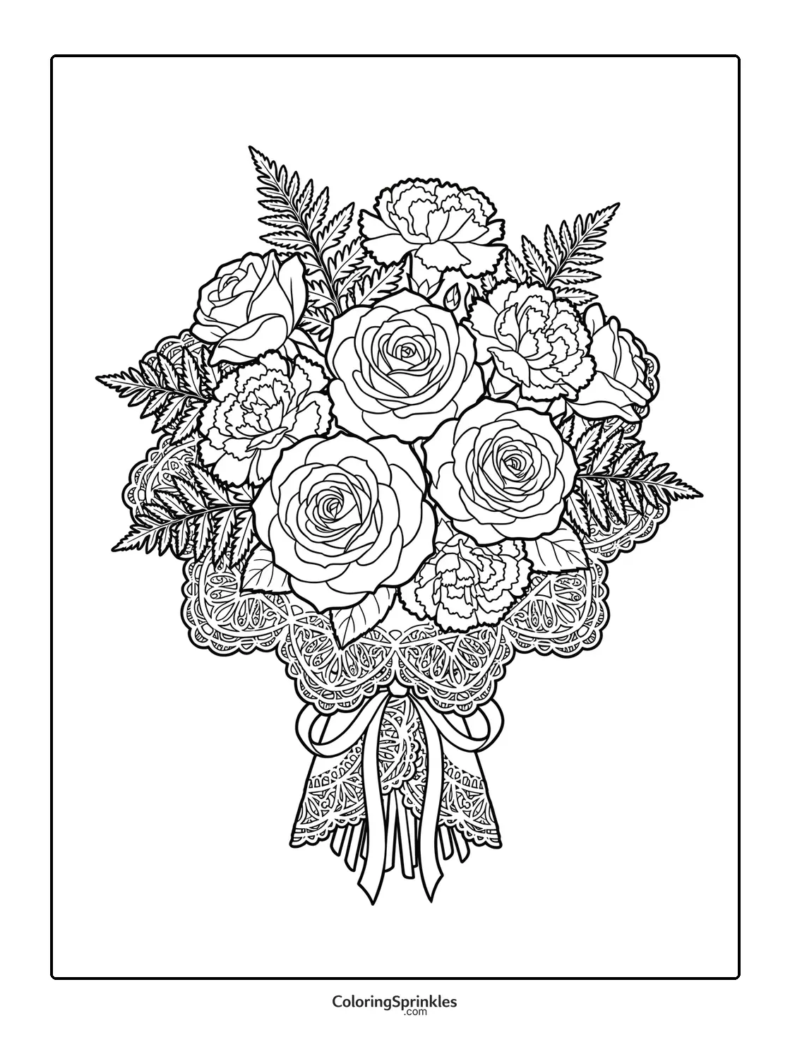 Coloring page of a bouquet of roses and carnations wrapped in lace with a ribbon