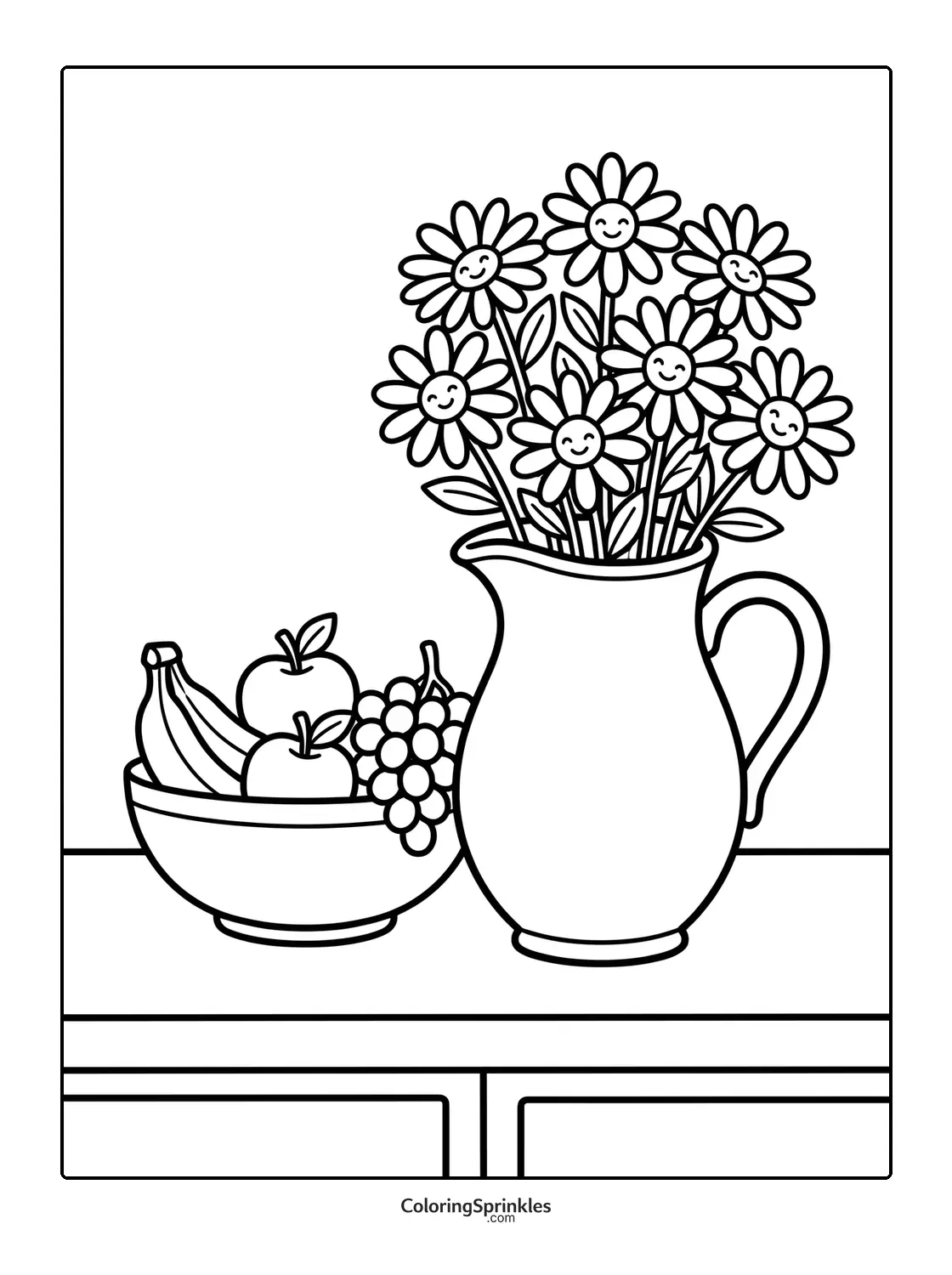 Coloring page of a bouquet of smiling flowers in a pitcher with a bowl of fruit on a table