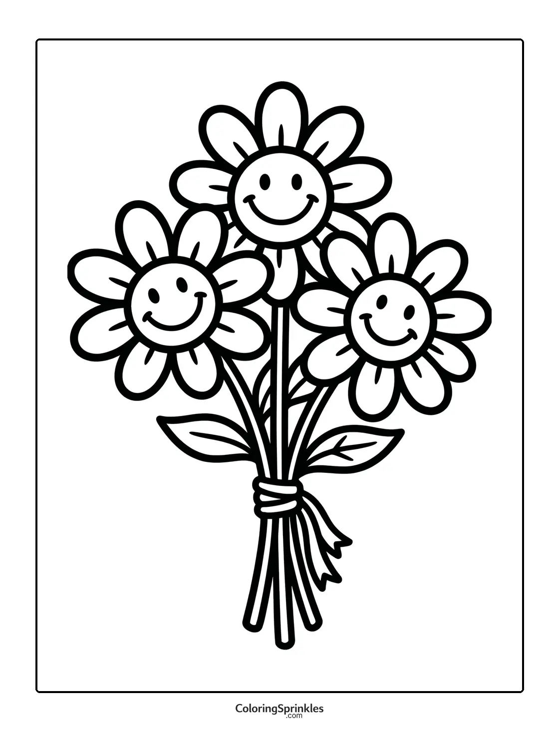 Coloring page of a bouquet of smiling flowers tied with a ribbon