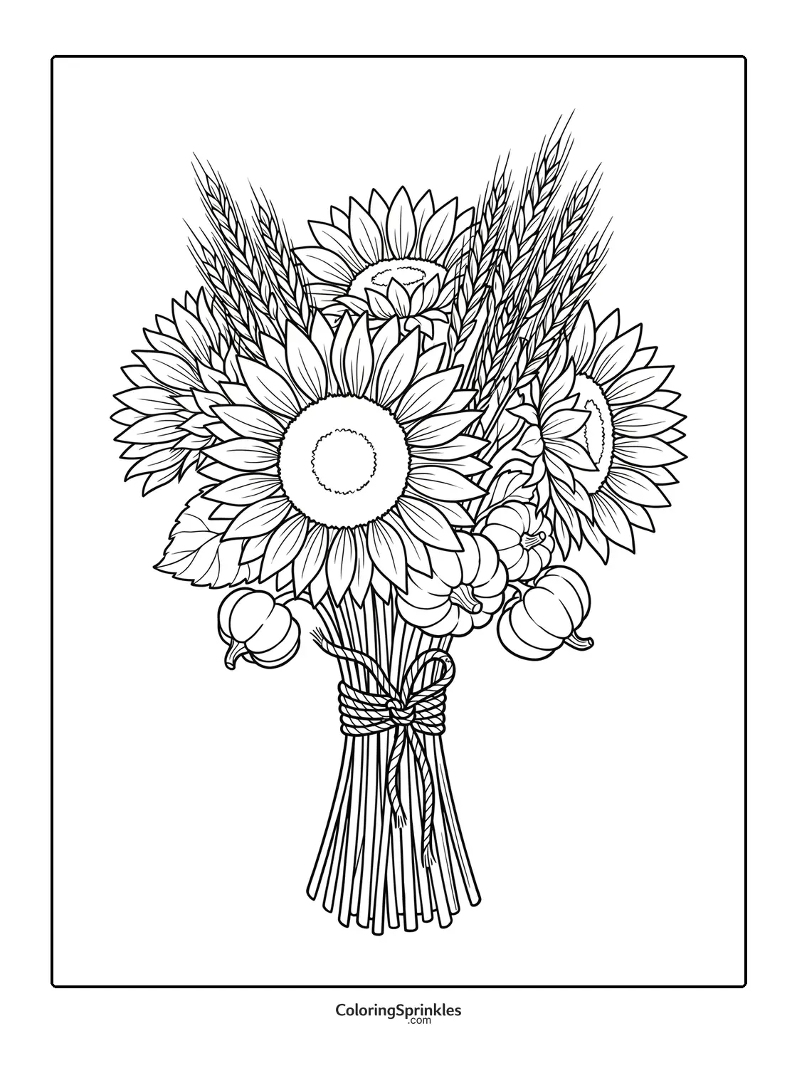 Coloring page of a bouquet with sunflowers, wheat stalks, and pumpkins