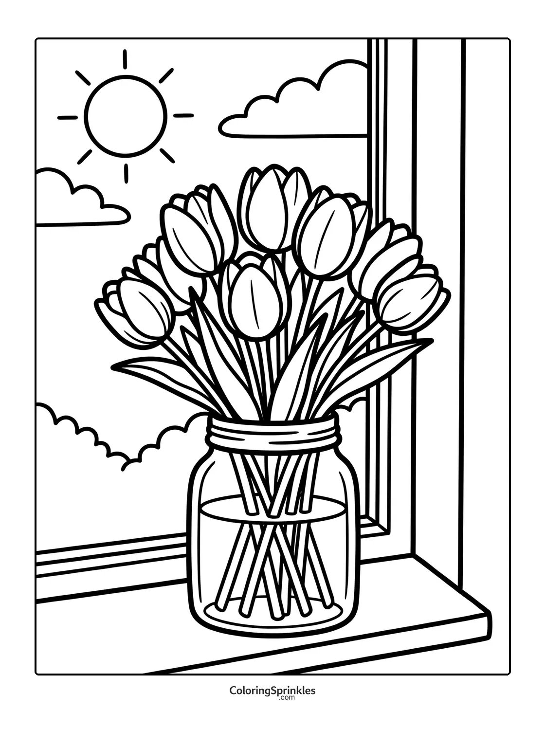 Coloring page of a bouquet of tulips in a jar on a window sill with sun and clouds outside