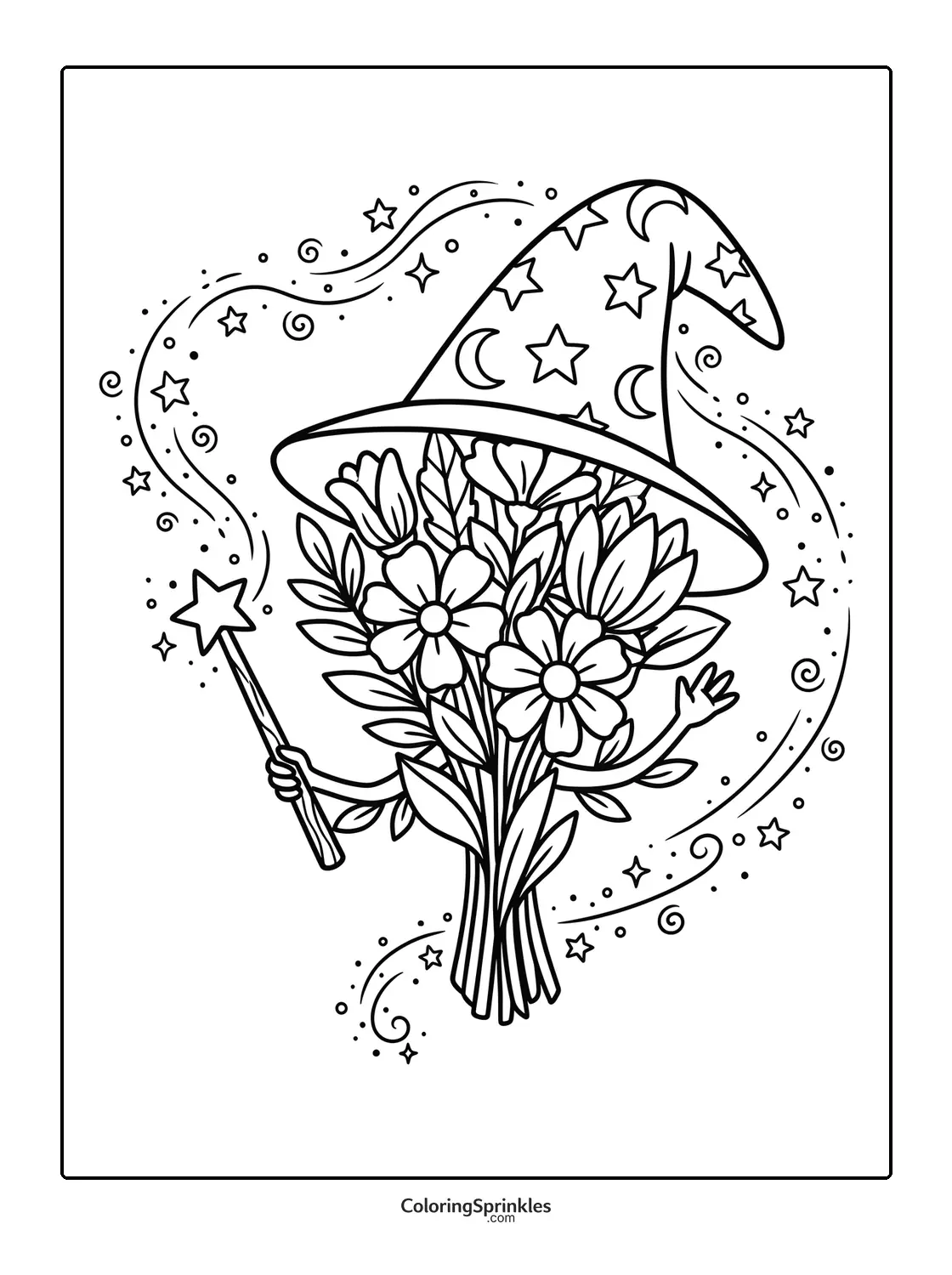 Coloring page of a bouquet wearing a witch hat and holding a magic wand with stars