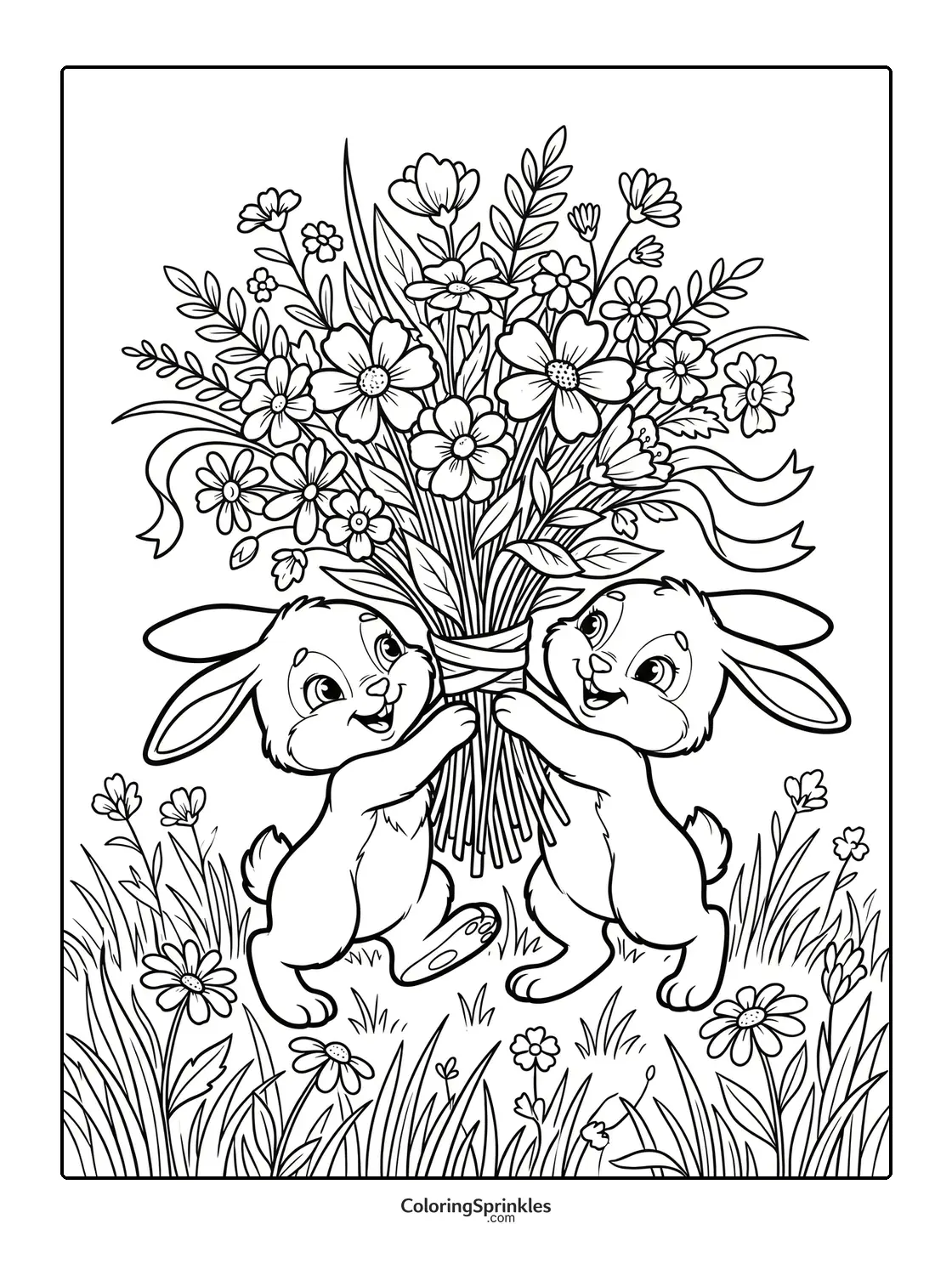 Coloring page of two bunnies holding a large bouquet of flowers in a grassy field
