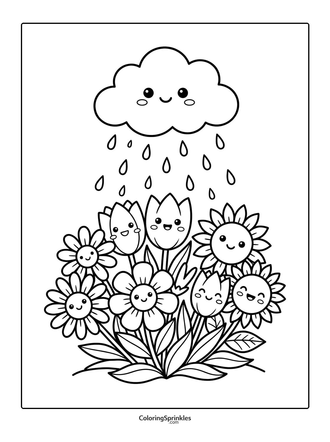 Coloring page of cute smiling flowers under a smiling cloud with rain
