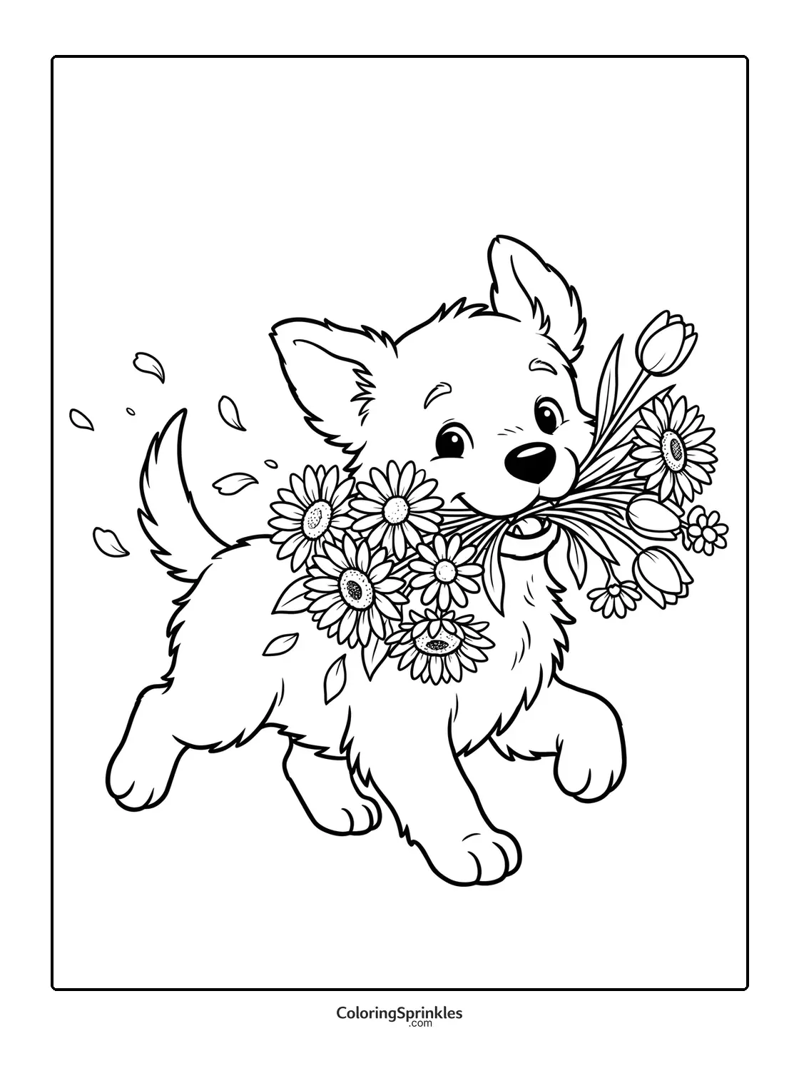 Coloring page of a cute puppy carrying a bouquet of flowers