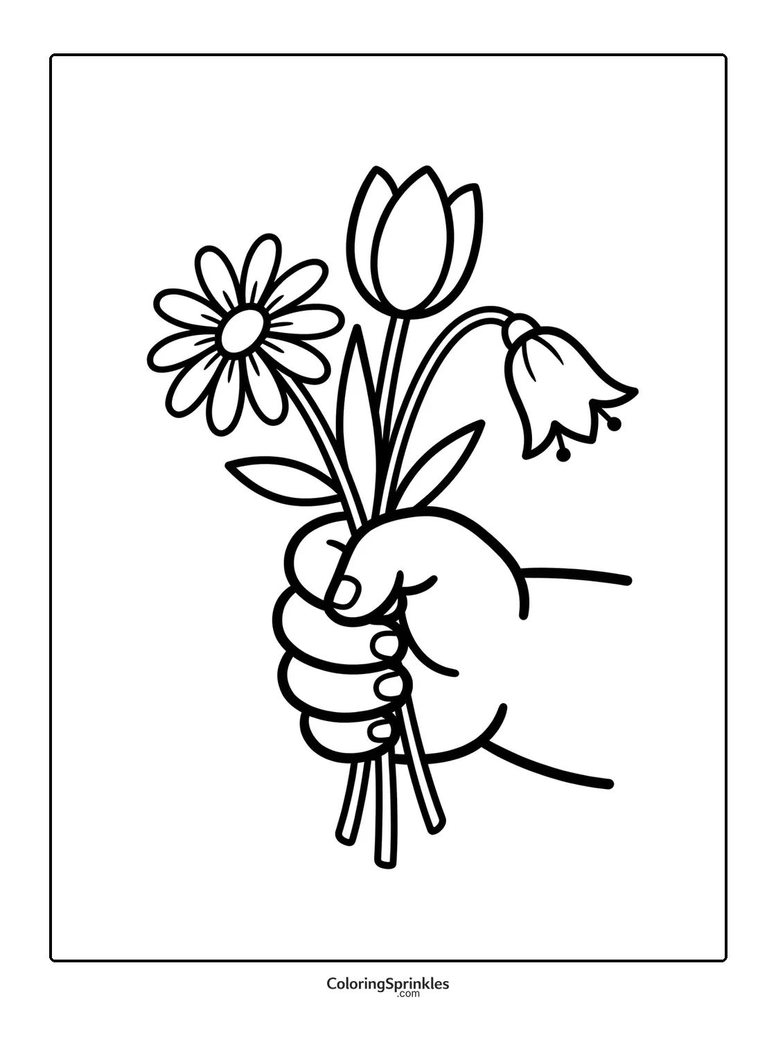 Coloring page of a hand holding a bouquet with daisy tulip and bellflower