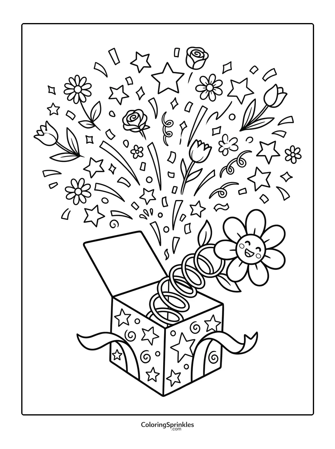 Coloring page of a jack in the box with a smiling flower and stars